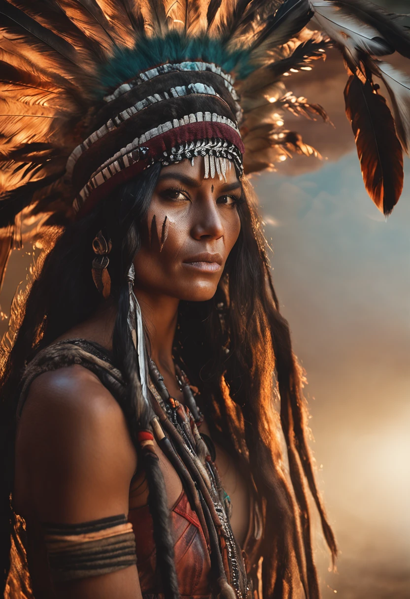 {{A captivating image of a Comanche shaman in a trance state}}. The shaman is portrayed with intense spiritual energy, totalmente inmersos en su ritual. La escena se desarrolla alrededor de una hoguera fascinante, with bright embers and a mystical atmosphere. La imagen utiliza una profundidad de campo reducida, creating a beautiful bokeh effect that adds a dreamlike quality to the composition. Lens flare and camera artifacts enhance the ethereal atmosphere, Dar a la imagen un sentido de otro mundo. Motion blur adds a dynamic element, suggesting the shaman's movement during trance. Slow shutter speed captures the fluid energy of the scene, Create a cinematic effect reminiscent of a movie frame.