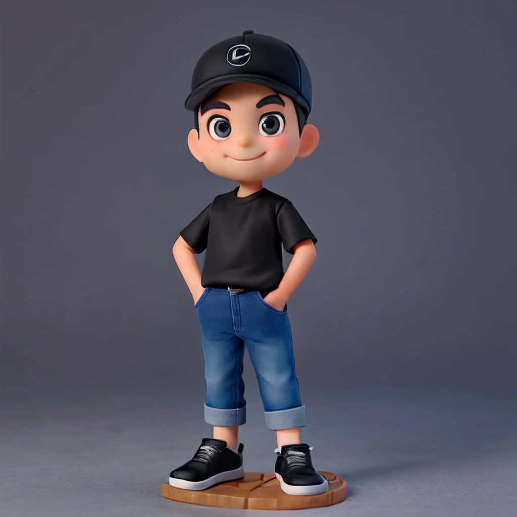 a Cute small male Fashion designer , 45-years-old, huge head, short hair, oval face，smile，fit, tall, Wearing a black baseball cap ，wearing Wear black T-shirt and dark blue jeans and black running shoes，Toy figures, best quality, 3d cartoon，full body view, fantasy, dreamlike, surrealism, super cute, trending on artstation