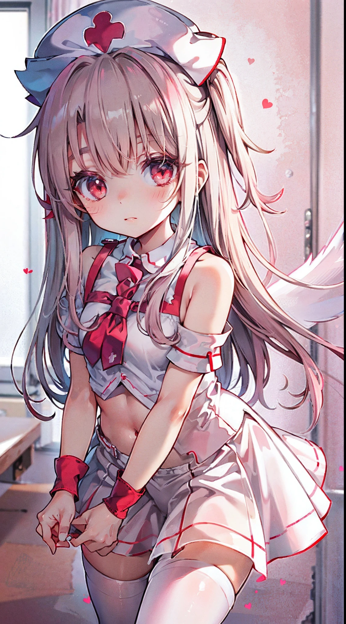 High detail, Heart-shaped pupils，Nurse hat，Pink nurse's uniform，Love pupils，cropped shoulders，Red Cross，Slender maiden,highly rendered，detailed face with，white stockings，hason，