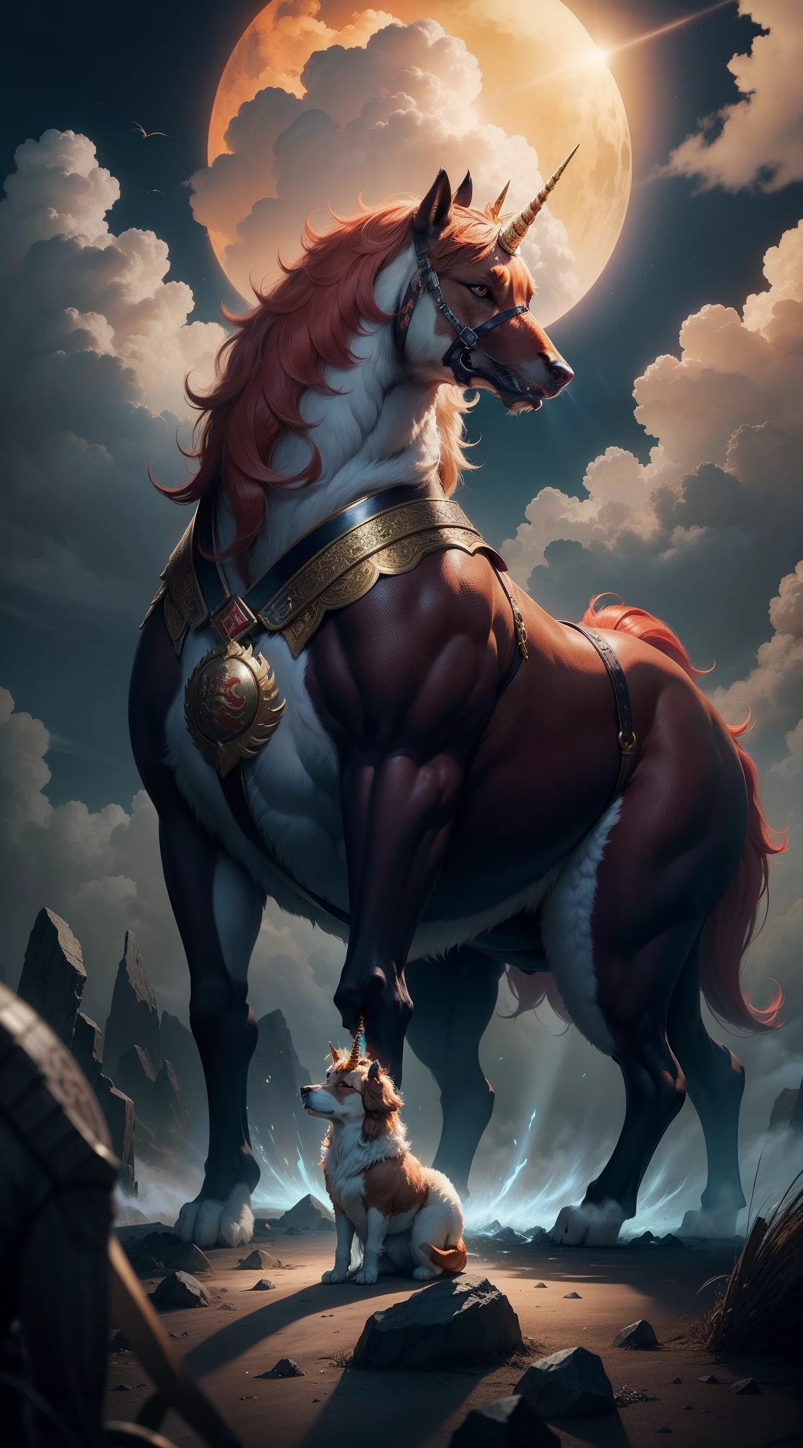 Golden retriever and red fur Chinese unicorn,Red,Chinese red,Red armor,Scales all over the body,Golden,Burly Chinese Divine Beast 1.5,Kirin 1.5,Chinese mythical beast,Burly,Mighty,BREAK clouds,Defeat the darkness,Divine Beam,holy rays,Halo,Illuminate the earth,Highest quality,k hd,Detailed,Vivid,Lifelike