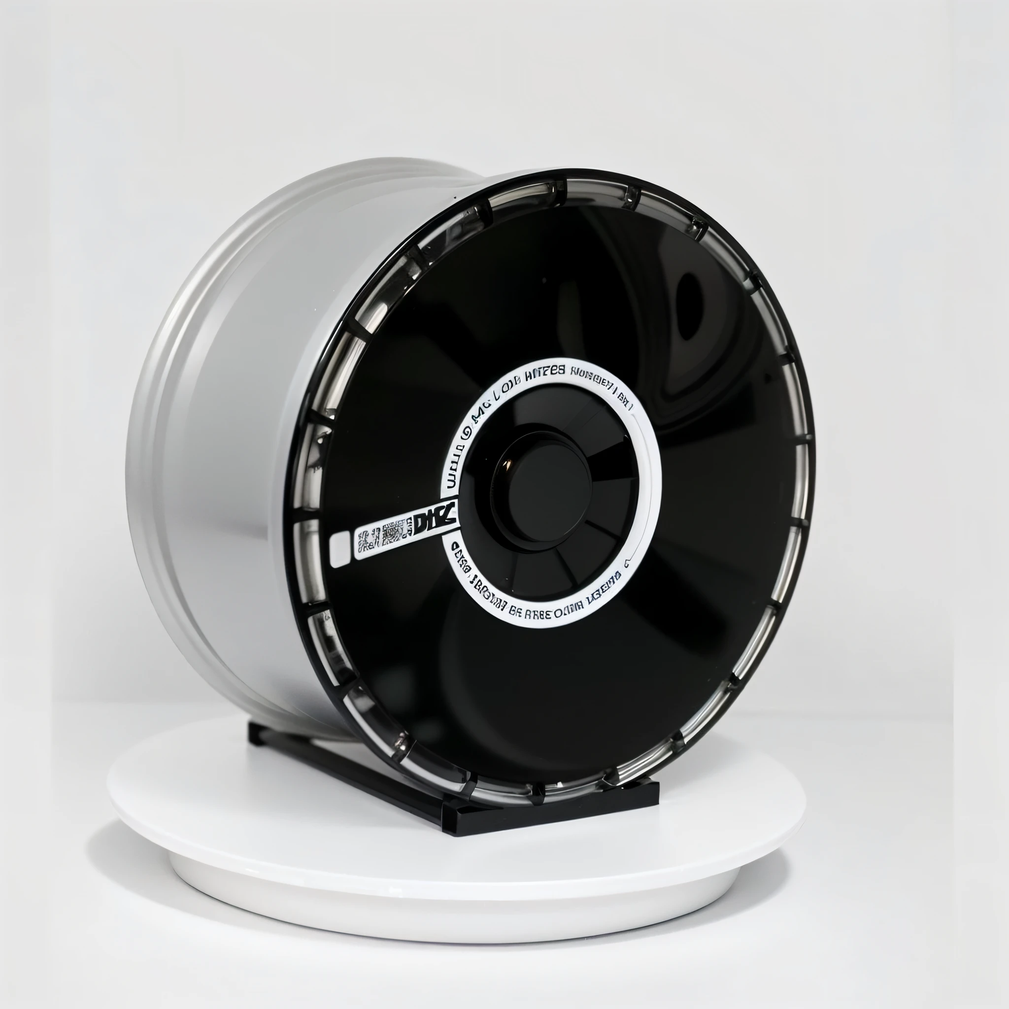 There is a black and white hub on the white bracket, product introduction photos, Product photo, 3 D stereoscopic effect, The gradient changes from black to silver, product image, detailed product image, product image, on textured disc base, miniature product photo, Official product photo, 3d product, medium poly, Without background, textured base ; product image, product design shot，Vertical painting shadows，The is very detailed，acurate，best qualtiy，A high resolution，Poster effect