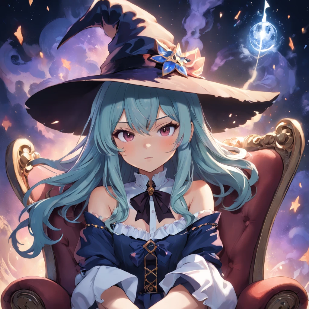A closeup of a woman sitting in a chair wearing a hat, mulher bonita sedutora do anime, estilo de arte de fantasia, classical witch, (20 anos), mulher bonita do anime, Magical beautiful, anime loira com cabelo longo, menina bonita, feiticeira bonita, uma bela feiticeira, feiticeira bonita, arte de fantasia de anime