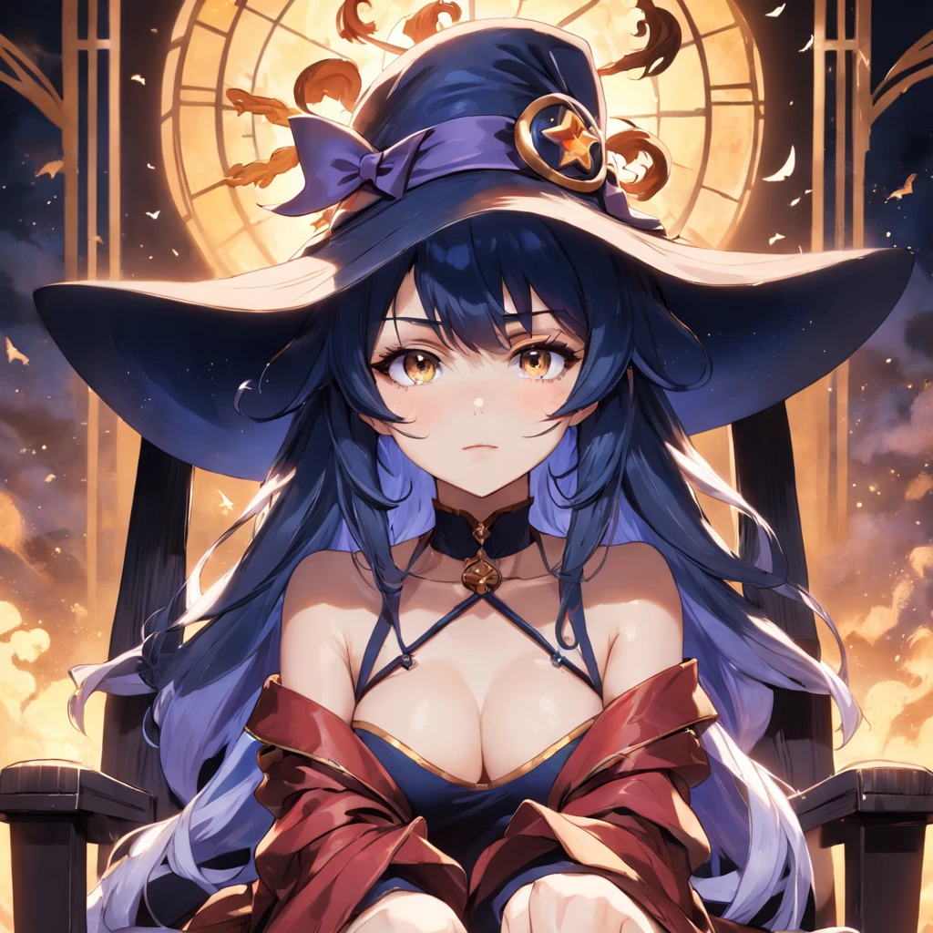 A closeup of a woman sitting in a chair wearing a hat, mulher bonita sedutora do anime, estilo de arte de fantasia, classical witch, (20 anos), mulher bonita do anime, Magical beautiful, menina anime loira com cabelo longo, menina anime bonita, feiticeira bonita, uma bela feiticeira, feiticeira bonita, arte de fantasia de anime