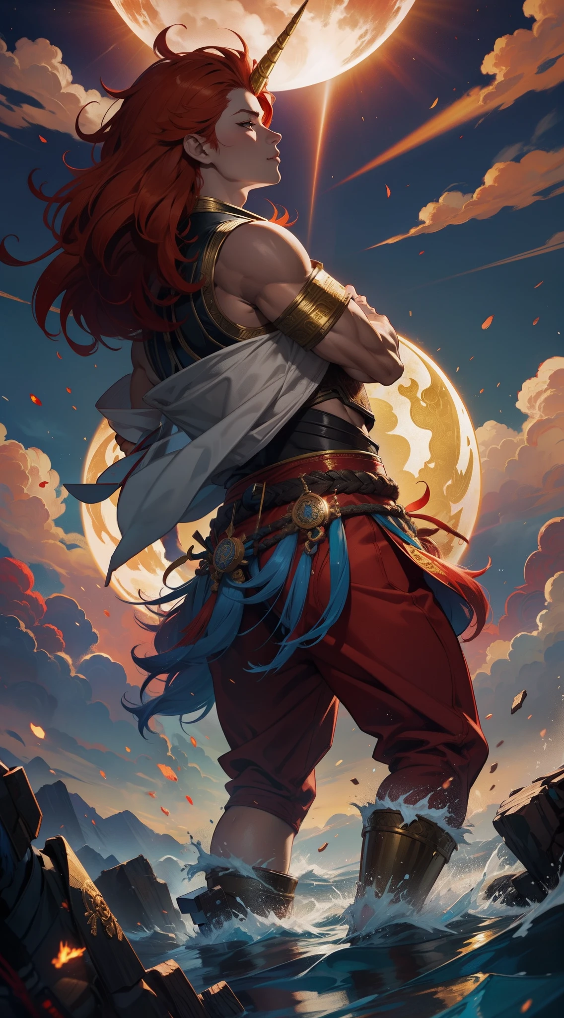 Red-gold hair,Burly Chinese unicorn,Kirin 1.5,Chinese mythical beast,Burly,Mighty,Holy,Smash the darkness,Breaking the clouds,Defeat the darkness,Divine Beam,holy rays,Halo,Illuminate the earth