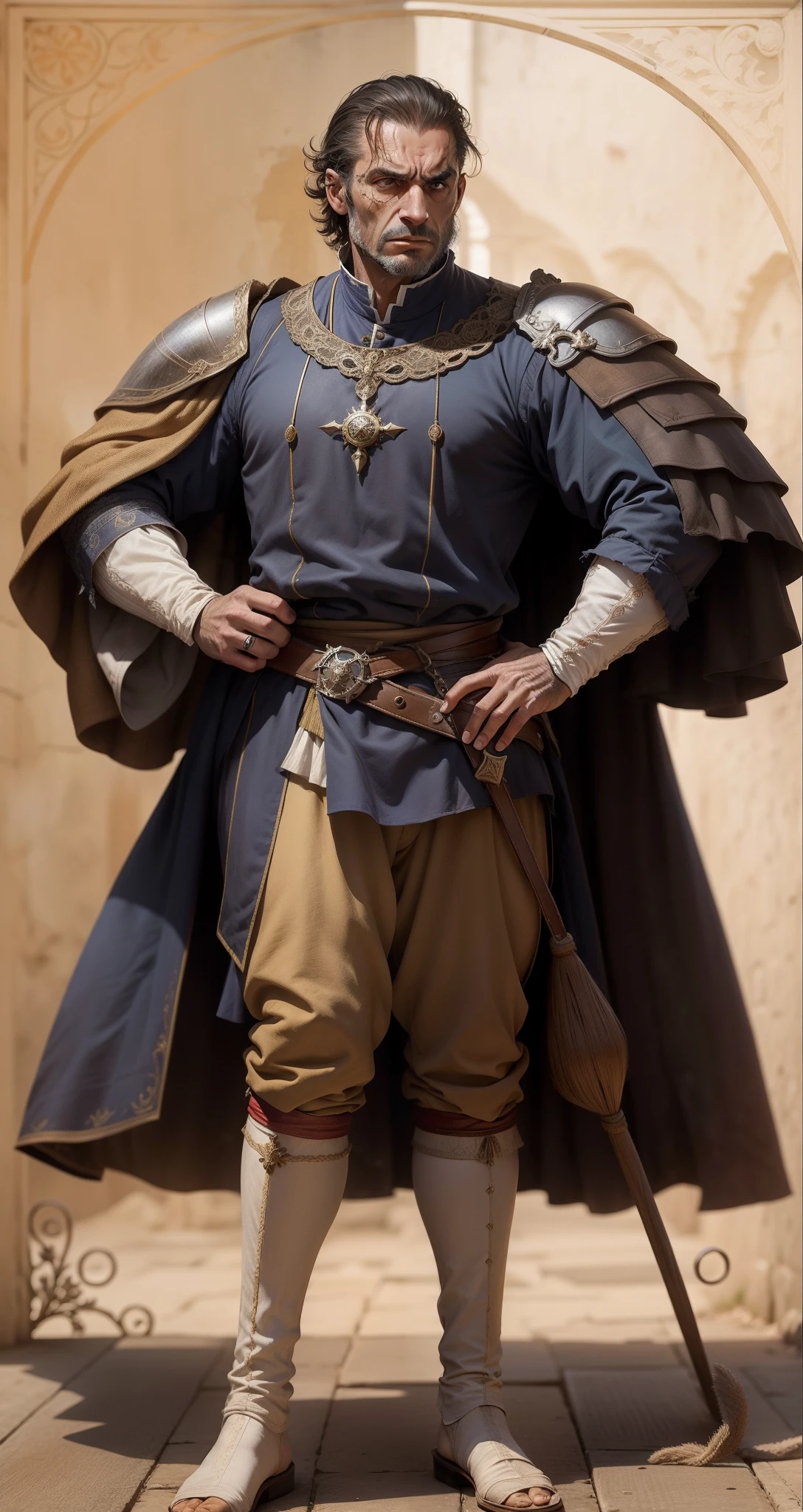 Franciso de Alburquerque, proper and elegant navigator clothes, 16th century, renaissance, age of exploration, wrinkle, scar on face, Weathered, 40 years old, man, Portuguese, angry, angry eyebrows, angry mouth, muscular, well-built, tall, ill-tempered, hostile, competitive, tough, ill-fated, daring, brave, background is 15th century Lisbon
