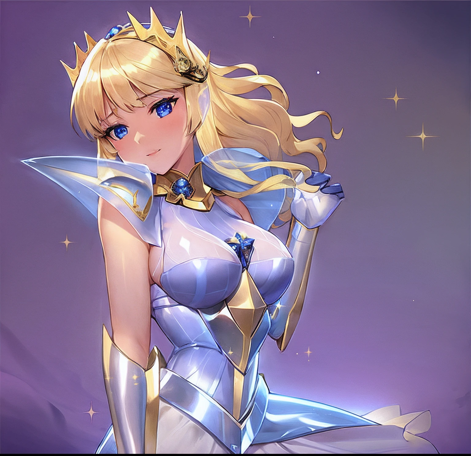 Anime girl in white dress with sword and crown, knights of zodiac girl, portrait knights of zodiac girl, In sapphire armor, highly detailed exquisite fanart, blonde - haired princess, sparkling magical girl, oppai, huge tit, with large breasts, seductive princess knight, Dress Armor Girl, ((a beautiful fantasy empress)), royal elegant pose, Sapphire Princess