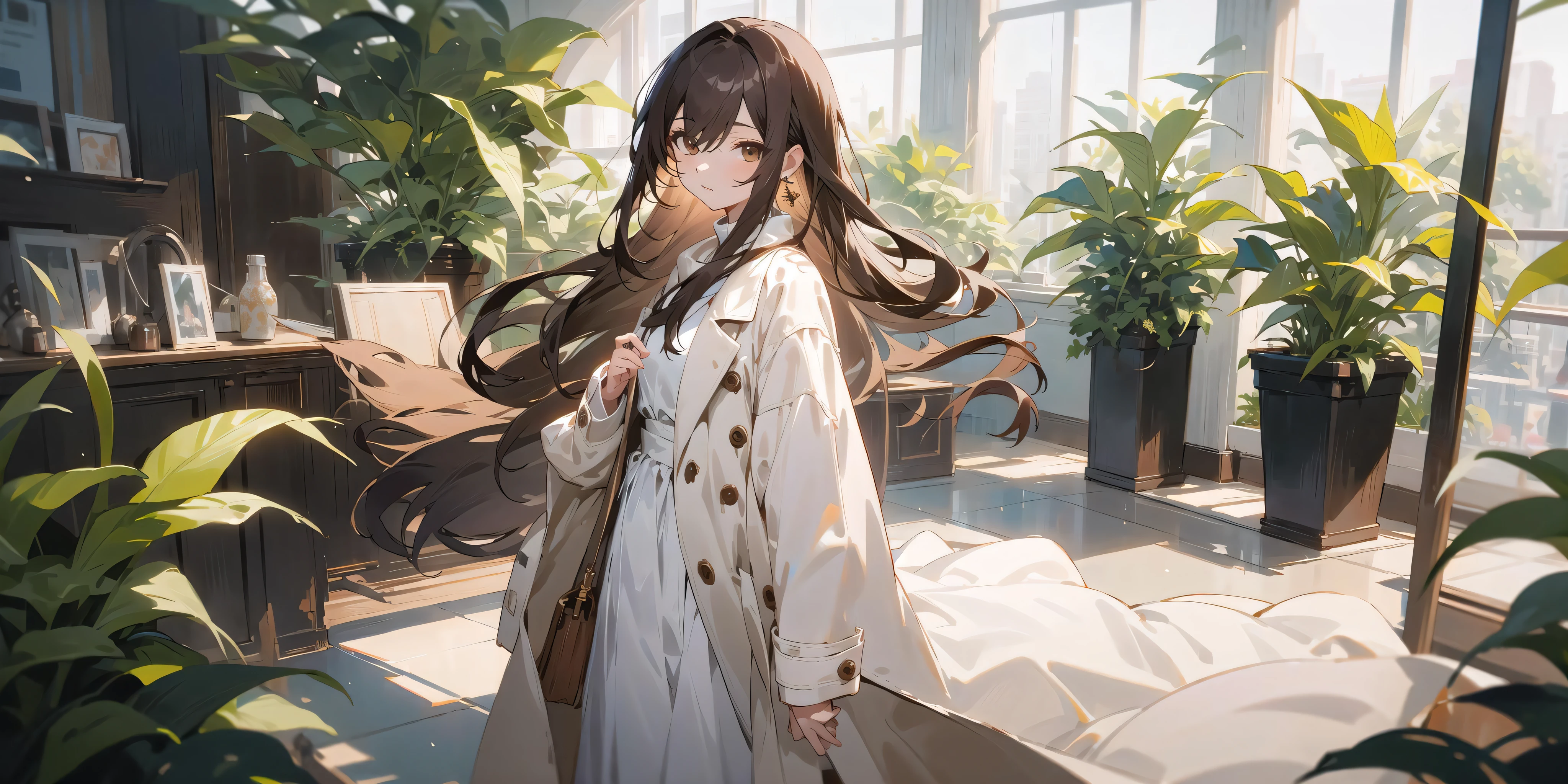 (masterpiece, best quality),long hair, brown hair, plant, looking at viewer, brown eyes, bag, white coat, long sleeves, indoors, holding, bangs, coat, solo focus, dress, standing,, white dress, 1girl, jewelry, earrings, hair between eyes, open clothes