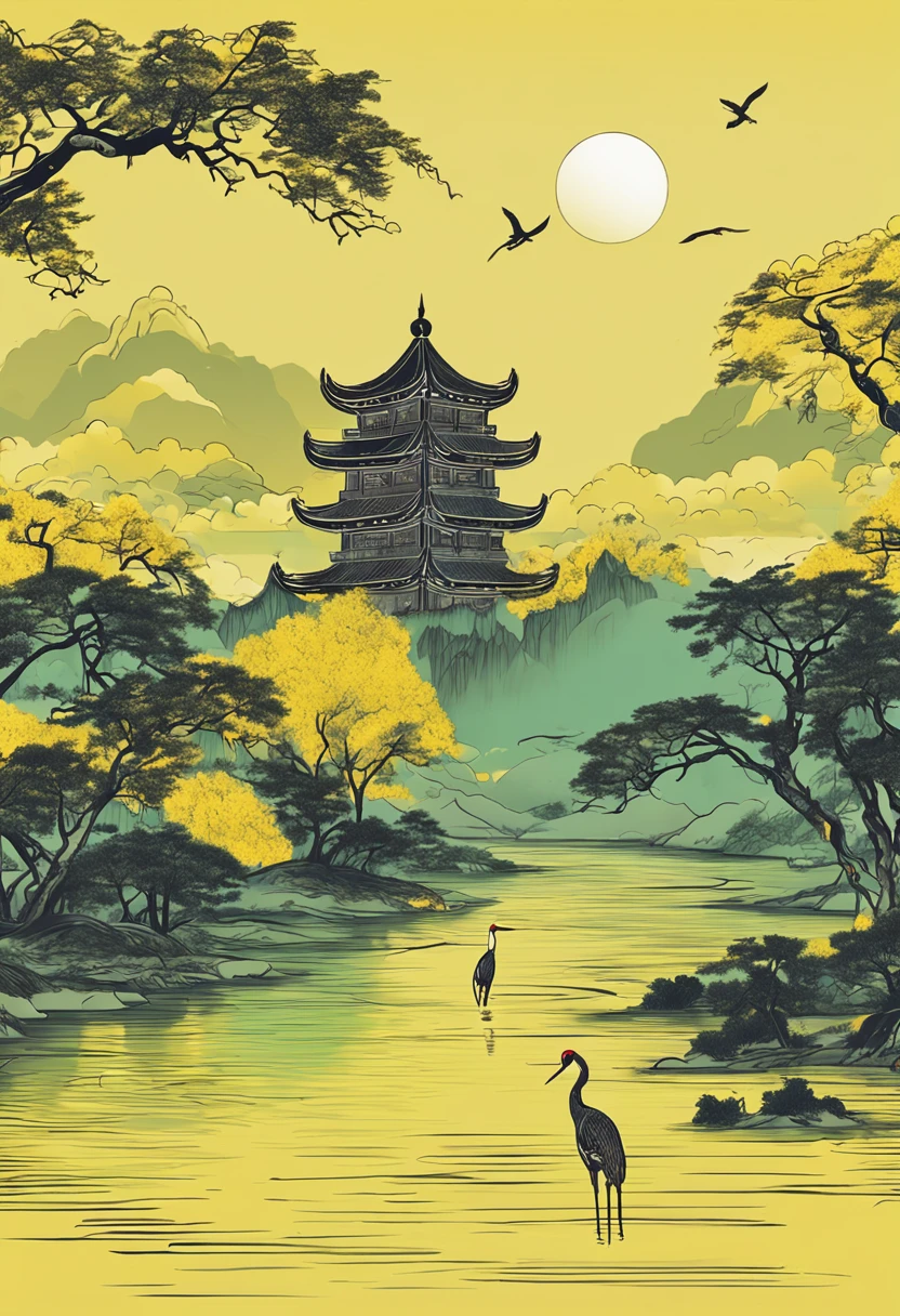 Yellow crane tower,Three cranes,Immortals,baiyun,eventide,green trees,Grass,Smoke waves on the river
