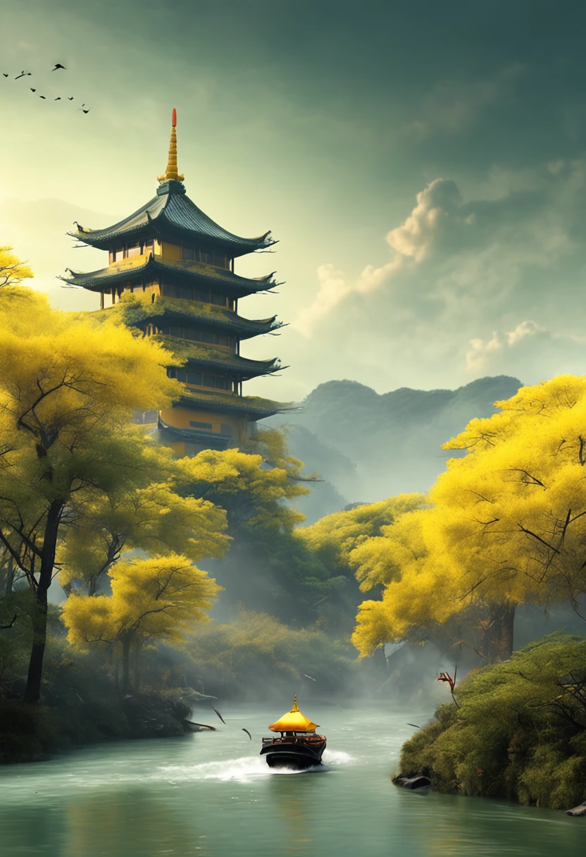 Yellow crane tower，Three cranes，Immortals，baiyun，eventide，green trees，Grass，Smoke waves on the river