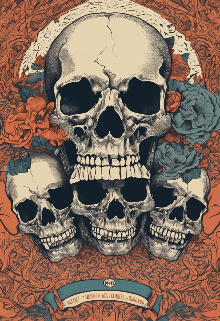 Three skulls in the foreground without jaws, Detailed design with pointillism, puntillismo, same proportion, Jawless, gothic art