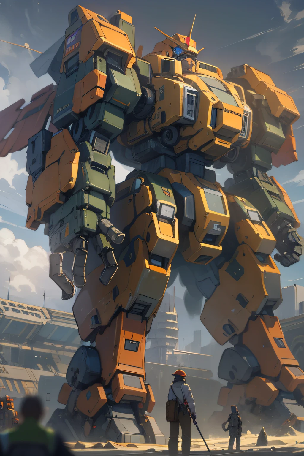 Powerful and majestic mecha towering over the scene, radiating an awe-inspiring presence.