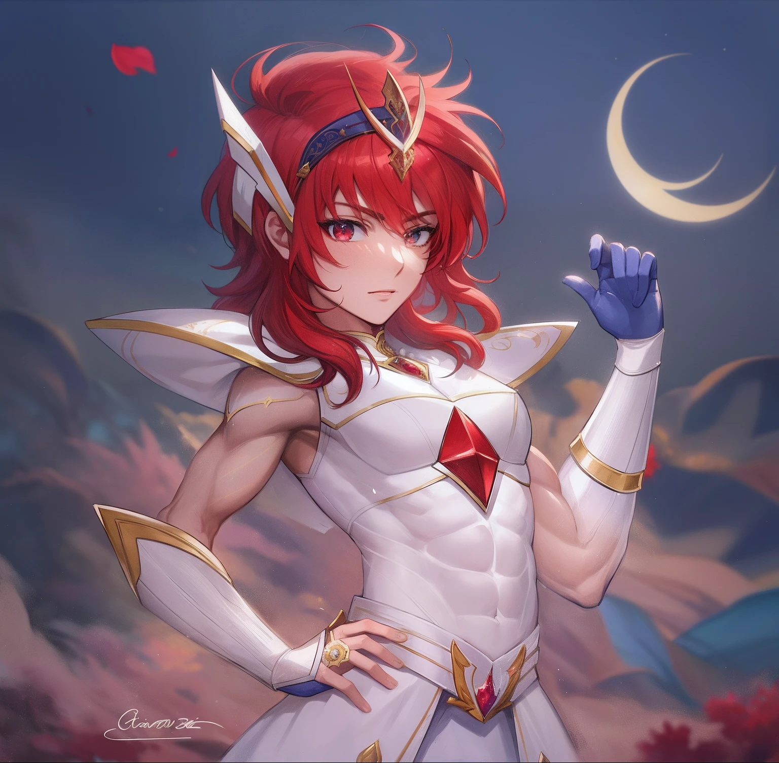 Anime boy in white dress with red hair and sword, Knight of Zodiac Boy, Portrait Knight of Zodiac Boy, Galactic Prince, drawn in the style of artgerm, Muscular men, masculine and muscular, Dress Armor Boy, In ruby armor, Enchanting Prince Night, Commission for high resolution, detailed fan art, Prince of Ruby