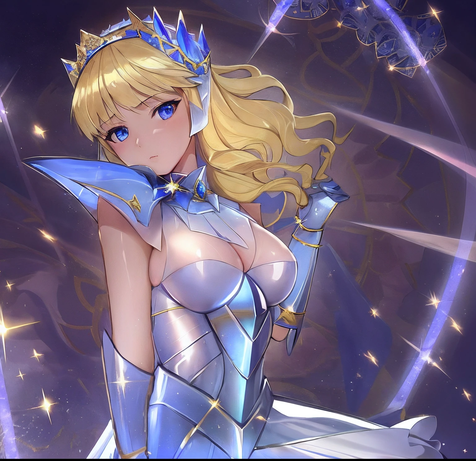 Anime girl in white dress with sword and crown, knights of zodiac girl, portrait knights of zodiac girl, In sapphire armor, highly detailed exquisite fanart, blonde - haired princess, sparkling magical girl, oppai, huge tit, with large breasts, seductive princess knight, Dress Armor Girl, ((a beautiful fantasy empress)), royal elegant pose, Sapphire Princess