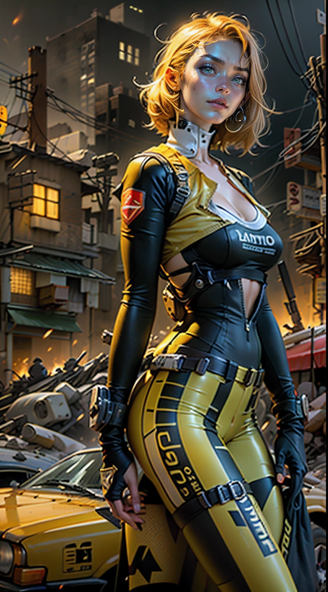 Retrato motor irreal:1.4,CG ultra realista 64K, fotorrealista:1.4, textura da pele:1.4, obra prima:1.4,Beautiful woman posing from behind in yellow latex lingerie posing in an apocalyptic city of fire,knee tights, Cyberpunk, beautiful thin hands,(foto 8k)), HDR ,super realista,....RAW, DETALHES HIPER-REALISTA, (estilo de filme)cores vivas