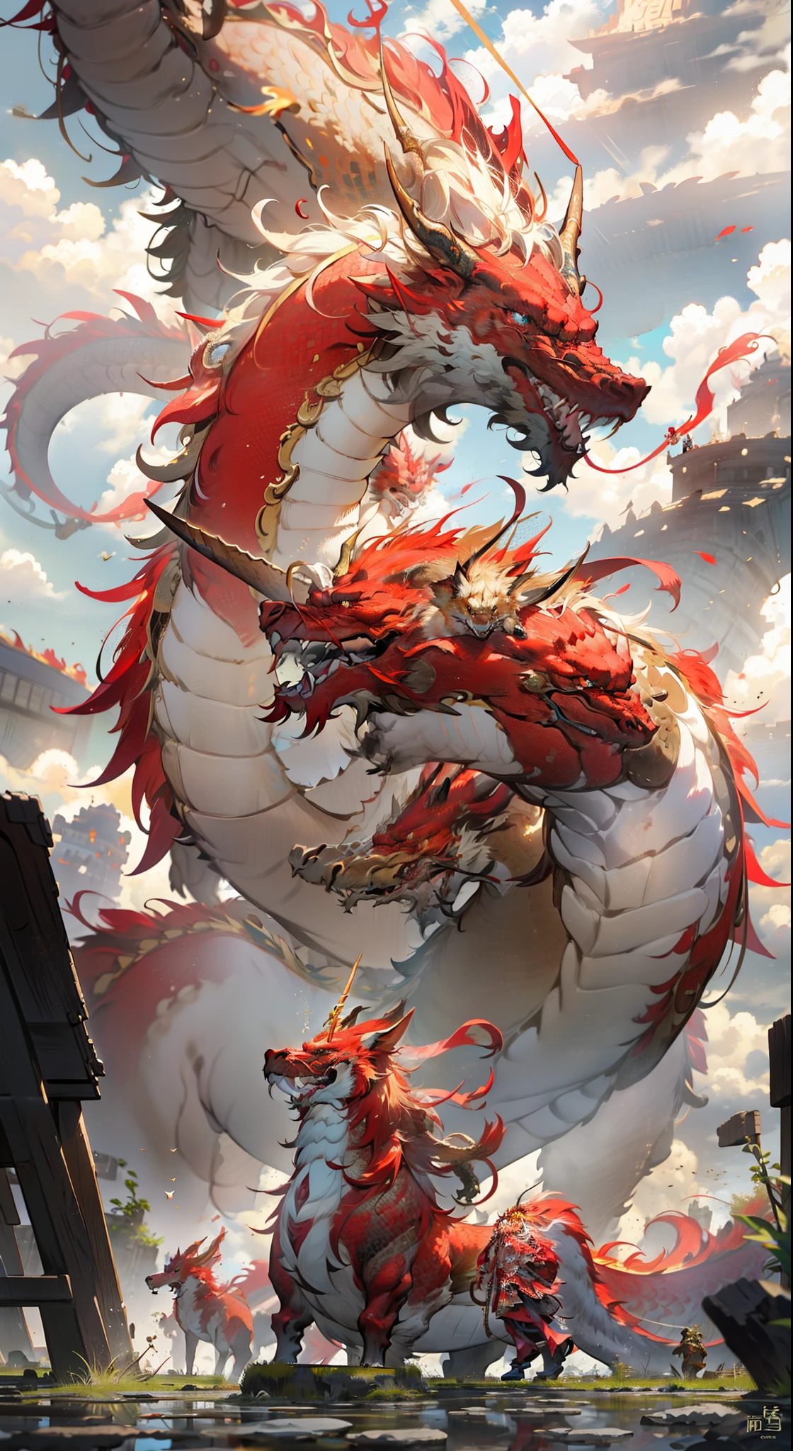 poster for,Huawei,Golden Retriever and Red Haired Chinese Unicorn,Red,Chinese red,Red armor,Scales all over the body,Golden,Burly Chinese Divine Beast 1.5,Kirin 1.5,Chinese mythical beast,Burly,Mighty,BREAK clouds,Defeat the darkness,Divine Beam,holy rays,Halo,Illuminate the earth,Highest quality,k hd,Detailed,Vivid,Lifelike