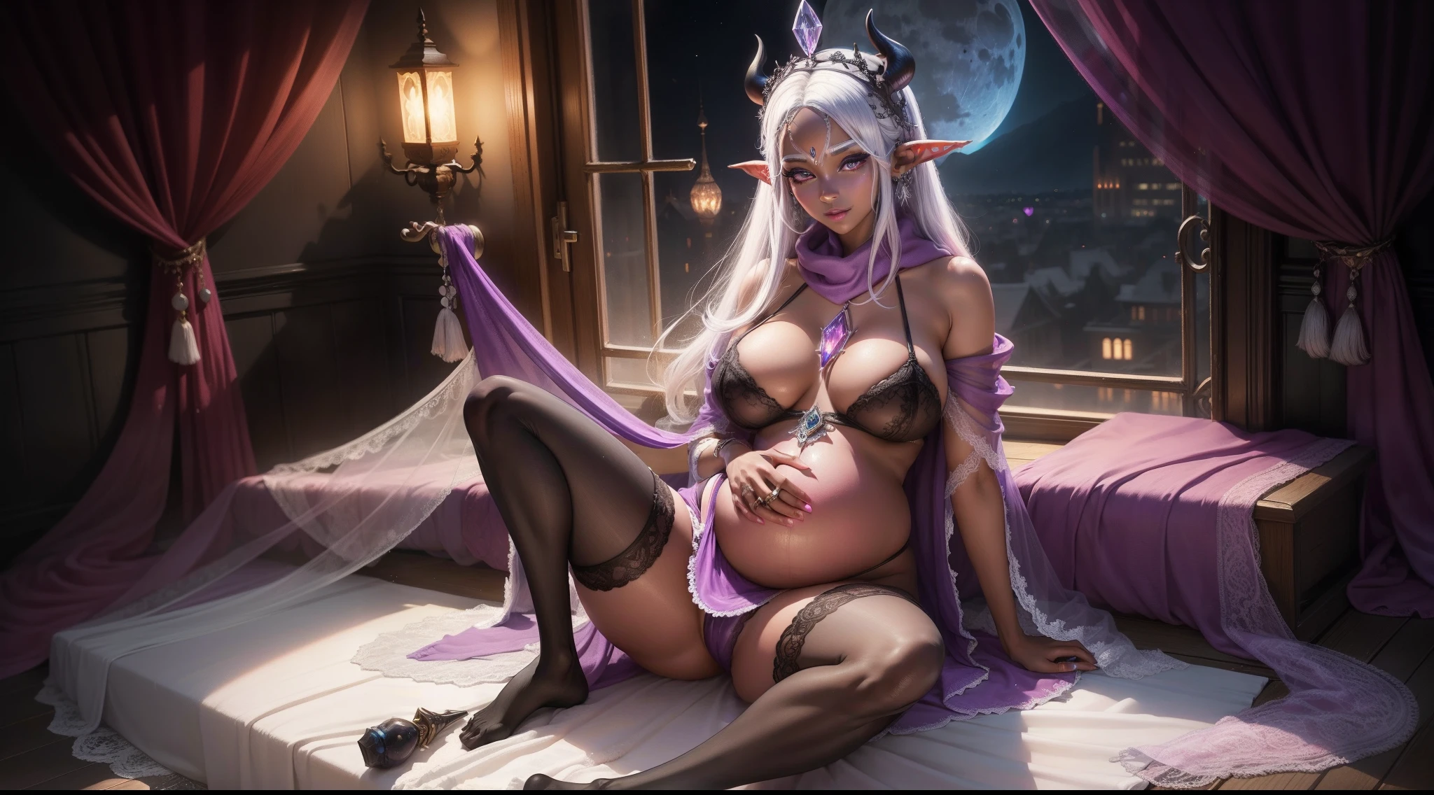Pokémon Lulina，full bodyesbian，Drow Elves，Customs，(White hair)，Black skin，pointy ears，Delicate face，Pink love pupils，Purple face towel，Happy expression，Large areola，Nipple rings，Lace lingerie big breasts，Purple transparent cloak，revealing her belly，Enchanting posture，Purple scarf，High-waisted stockings，Shine，Show on the，Wife-like feeling，4  pregnant，Pregnant woman with dog，slender leg，Beautiful crystal shoes，Visualizers，window，（simplebackground，Pink moon，the night，Gloomy sky，