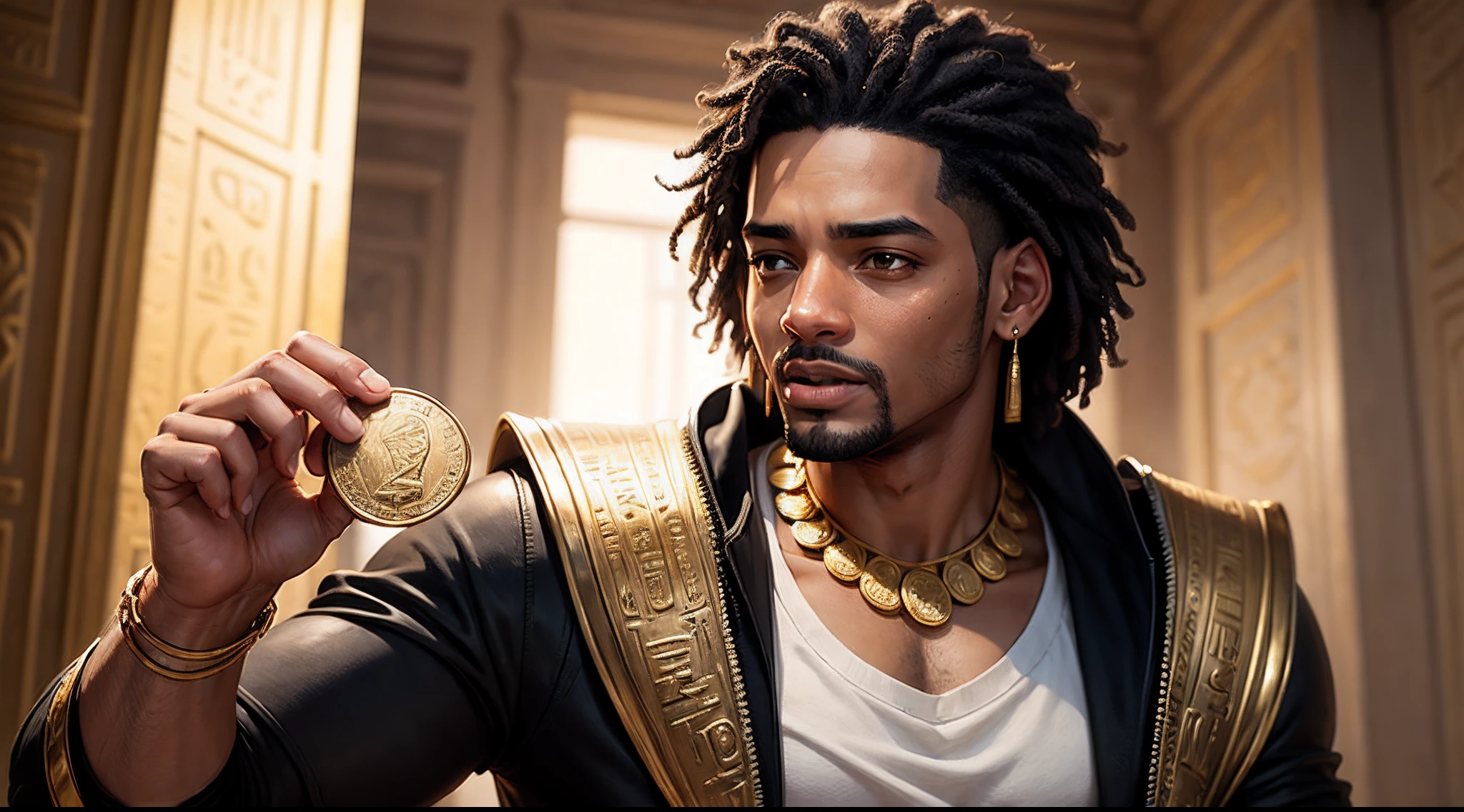 A young Egyptian man from biblical times, portrayed by Will Smith holding a gold coin