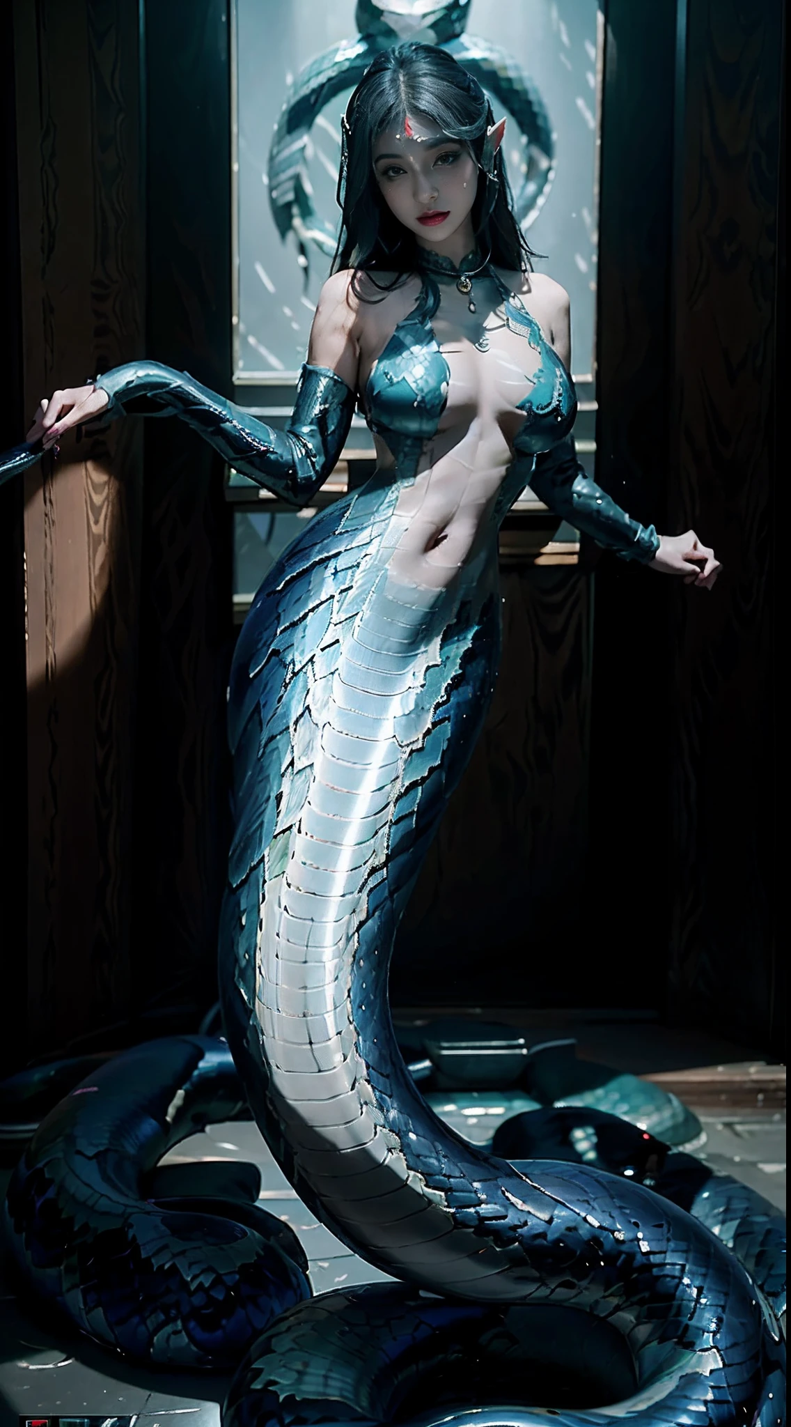 RozalinD2，Lamia，  1 Demon Girl， Beautiful and realistic Cardi B as semi-Asian, A semi-Spanish Rolorin hybrid from Diskaya， KDA League of Legends， Be red in the face， Miniature  armor，  is protruding， Main，  indentation，Slave collars， Chain around the neck， Role-playing ， alta fantasia， Intaglio printing，Tattooed with， plumw， highly  detailed， 8K， A high resolution， 独奏， bimbo lips， putting makeup on， Big shiny ， mitts， looking at viewert， realisticlying， 4 d cinema， rendering by octane， Innovative， Raised ， Curvaceous but slender， mystical aura， smog， Illuminati style， Use advanced machine learning to create the perfect succubus， byself， snake woman，(mermaid:1.2), (Elongated snake tail:1.3)，Medusa， Sub-magazine photography style， trending on pixiv， Popular on Civita， perfect compositions，Professional quality，unreal-engine，Perfect posture，perfect angle，Perfect hands, perfectfingers, Perfect , Perfect fit, Perfect body, Perfect face, Realistic facial features, Perfect skin, Perfect image