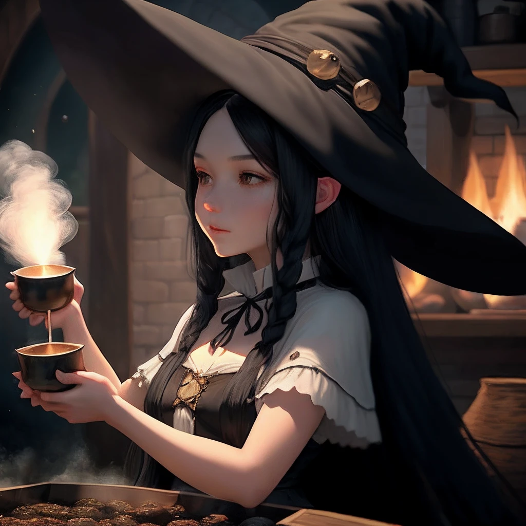 Long black hair, witch girl, with a familiar, brewing poison