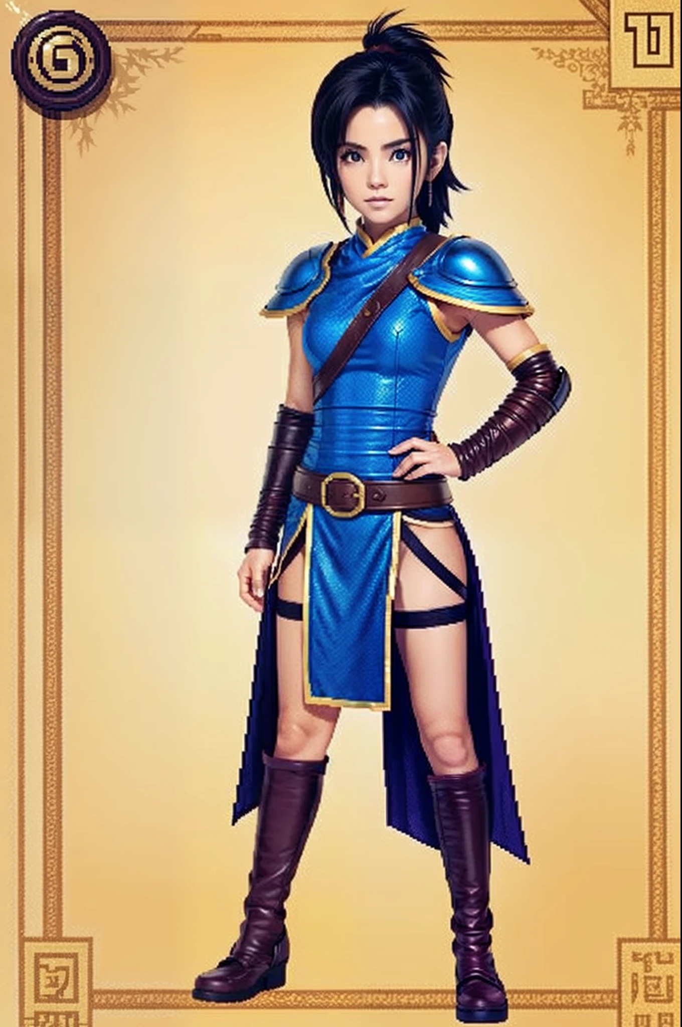 鸟山明风格,pixel game《dragon quest》,Game character design,(female archer:1.4),Leather armor,bow and arrows,Full body like,16-bit pixels