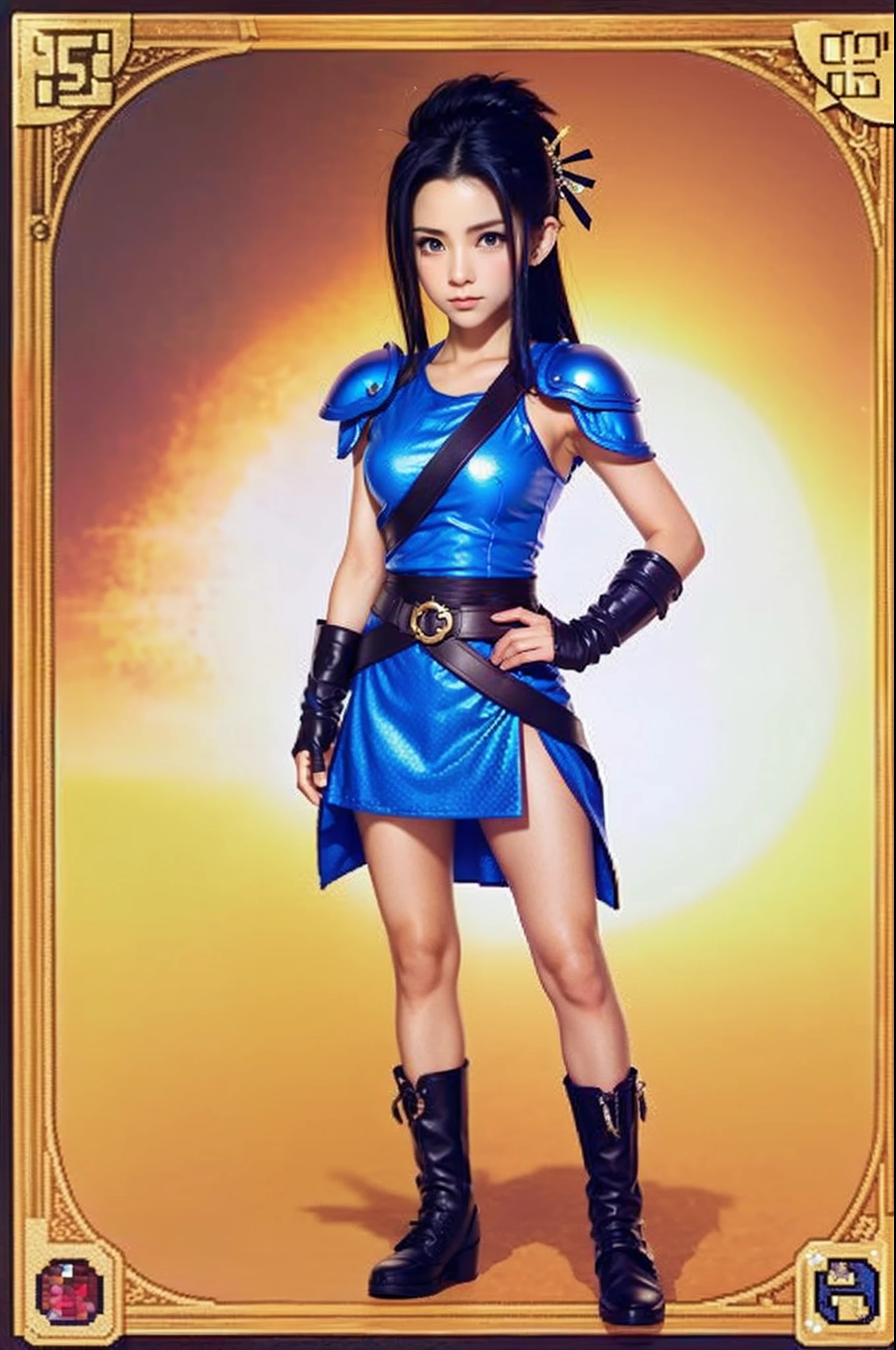 鸟山明风格，pixel game《dragon quest》，Game character design，（female archer：1.4），Leather armor，bow and arrows，Full body like，16-bit pixels