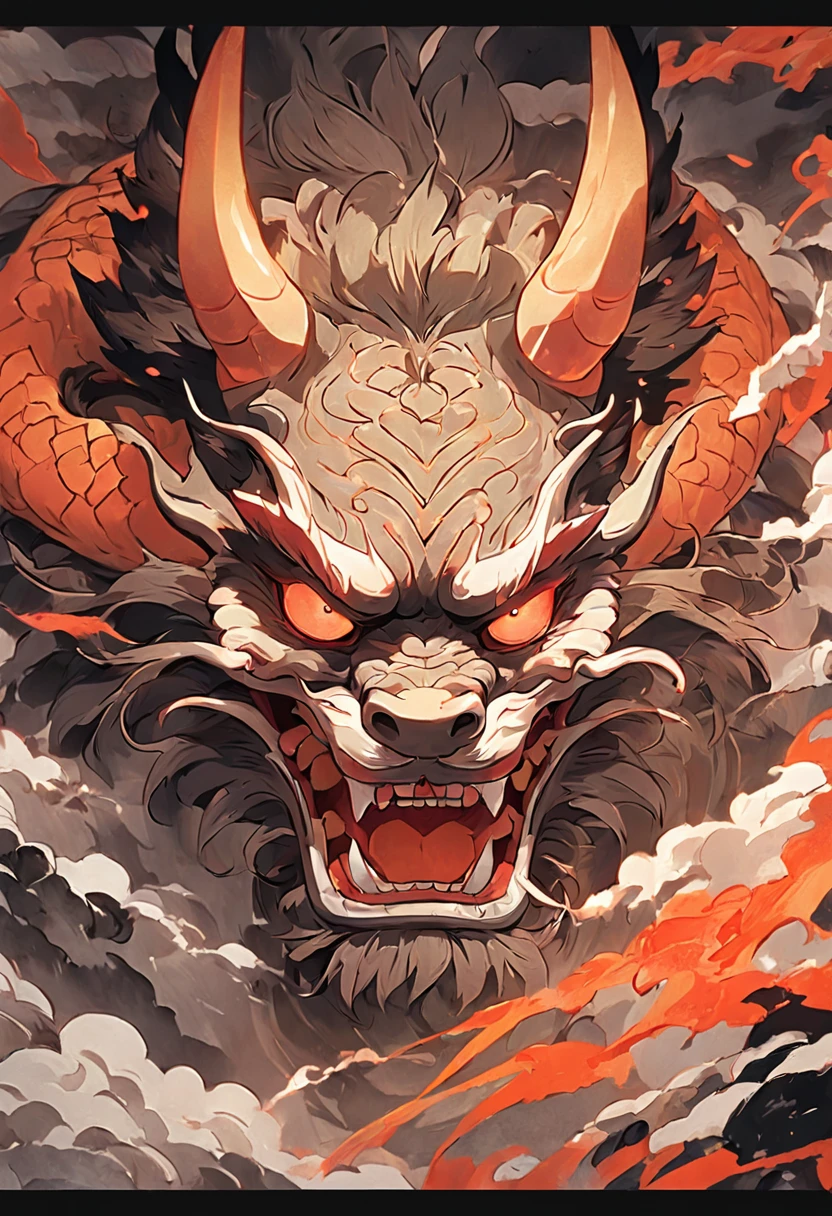 Japanese traditional monster mask Japanese dragon face, Catherine Norlin's style, Light brown and gray, Wall paintings, Xu Bing, Dark green, Animated GIFs, East Asian ink painting