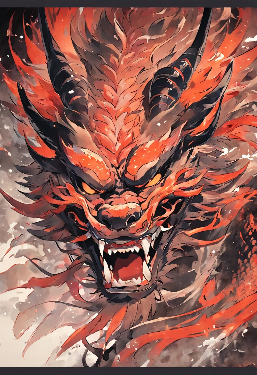 Japanese traditional monster mask Japanese dragon face, Catherine Norlin's style, Light brown and gray, wall paintings, Xu Bing, Dark green, Animated GIFs, East Asian ink painting