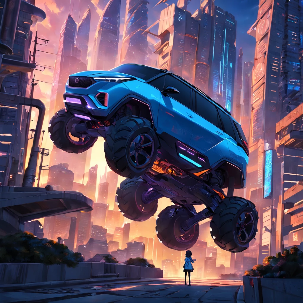 SUV cars exploring futuristic cities in the sunset，Blue luminous building，Mysterious technology，mysterious creature
