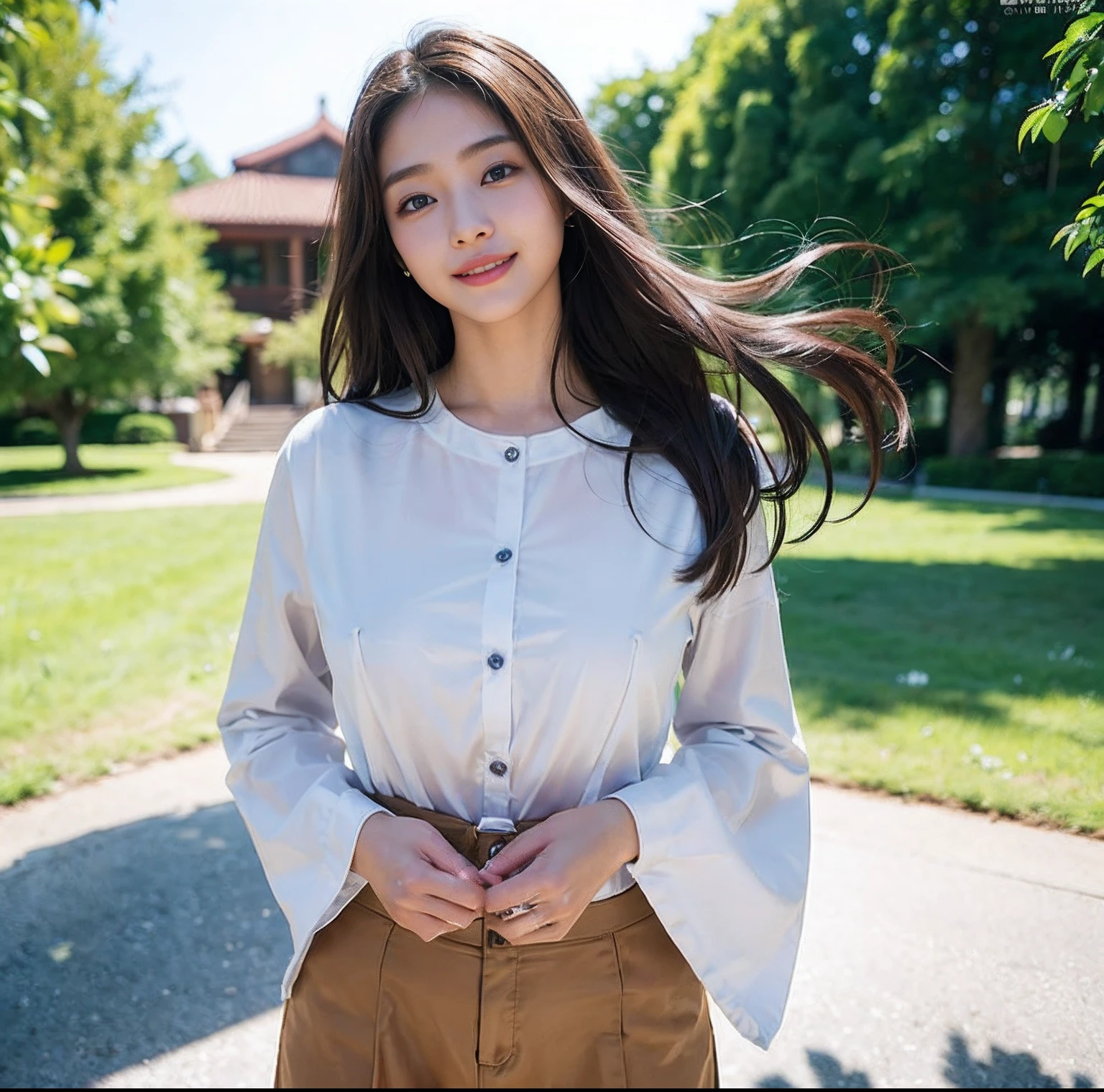 (top-quality、masterpiece)、(Realistic lighting with shadows)、huge filesize、hight resolution、elegent、realisitic、intricate detailes、(Perfect anatomical depiction of the human body)、1 girl with big、((Miraculous Super Size))、She is a teenage girl、((Beautiful light brown eyes with glowing highlights))、Her charming little thin lips are、No lipstick, however、It's shiny、Brunette hair fluttering in the wind、 Backlit braided half-up hair、hi-school girl、Black clothes、Wear chic clothes。Too tight for her huge blouse、Backed by all powerful buttons。Wearing tight pants、((The girl's breasts are not exposed at all))But、Very large breasts、Very beautifully、Looks like a school goddess。This picture is taken from the front.(It is a photo of a smile that looks like a wonderful flower blooming、I have a camera、See with your eyes.。