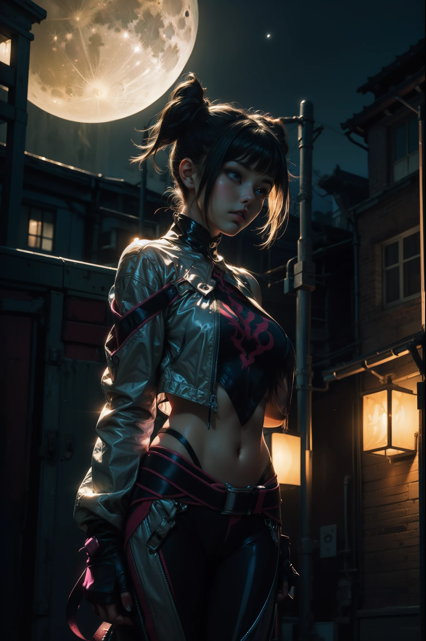 beautiful illustration, best quality, cute girl, outdoor, at night, full moon, mysterious, (neon:0,8), short twintail