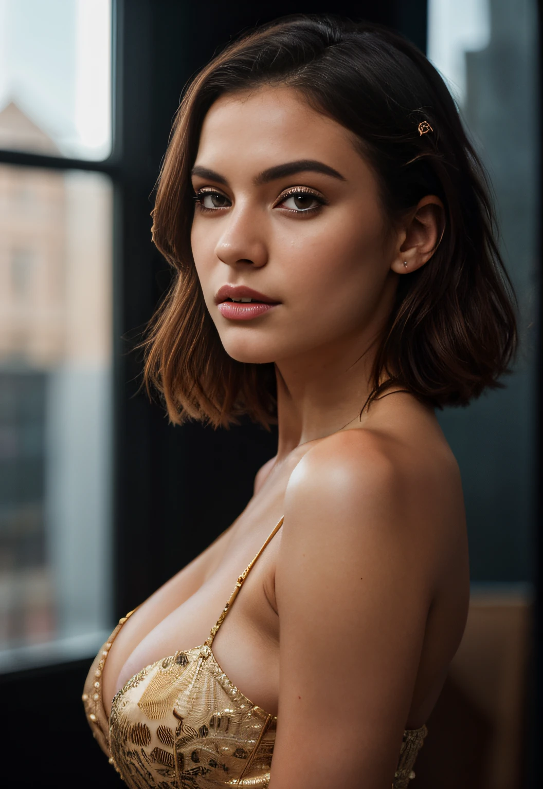 award winning photo of a 24 yr old instagram model with large breasts and a lot of cleavage in red with brunatte hair, beautiful instagram model, detailed facial features, dark beige and light amber, in the styles of jay anacleto and hannah yata, perfect anatomy, perfect facial features, absolutely stunning, photorealistic, Front body shot, 22 yo European woman, Serious, (amazing skin detail: 1.3), (natural skin: 1.2), (Pores: 0.6), makeup, (Detailed eyes: 1.2), black background, studio, light edge, dark atmosphere, (Bokeh: 1.2), photography, cinemactic, photorealistic, fit girl, skintight dress, perfect figure, perfect anatomy, accurate hands accurate eyes, moody lighting, very detailed, dramatic lighting, digital art trending on Artstation, 8k HD high definition detailed realistic, detailed, skin texture, hyper detailed, realistic skin texture, armature, best quality, ultra high res, (photorealistic:1.7), high resolution, detailed, raw photo, sharp re, nikon d850 film stock photograph 4 kodak portra 400 camera f1.6 lens rich colors hyper realistic lifelike texture dramatic lighting unreal engine 5.0 trending on artstation cinestill 800, (((accurate female anatomy, perfect eyes))) (((500px, fstoppers, photosight.ru, iso noise)))