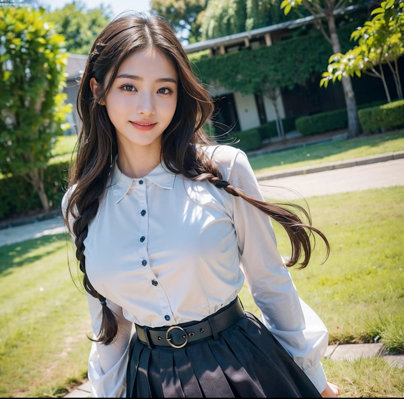 (top-quality、masterpiece)、(Realistic lighting with shadows)、huge filesize、hight resolution、elegent、realisitic、intricate detailes、(Perfect anatomical depiction of the human body)、1 girl with big、((Miraculous Super Size))、She is a teenage girl、((Beautiful light brown eyes with glowing highlights))、Her charming little thin lips are、No lipstick, however、It's shiny、Brunette hair fluttering in the wind、 Backlit braided half-up hair、hi-school girl、Black clothes、Wear chic clothes。Too tight for her huge blouse、Backed by all powerful buttons。Wearing tight pants、((The girl's breasts are not exposed at all))But、Very large breasts、Very beautifully、Looks like a school goddess。This picture is taken from the front.(It is a photo of a smile that looks like a wonderful flower blooming、I have a camera、See with your eyes.。