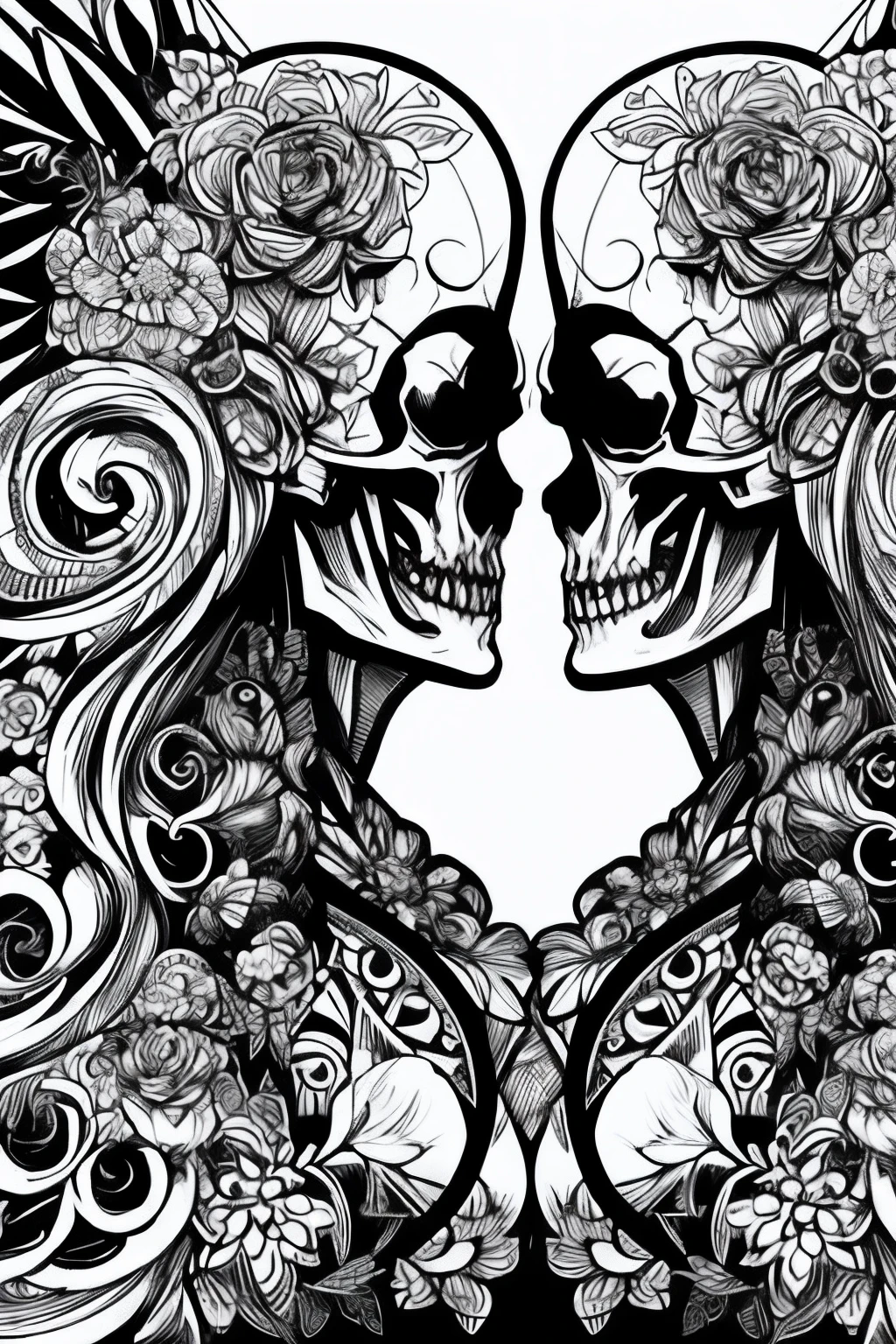 Two beautiful women in kimonos standing symmetrically, The silhouette of two models standing looks like a skull、Two models are making a skull、Fill the screen１One big skull、The shadow that projected the two is a skull、 Its fine ink lineart, Comic style, beautiful line art, Black and white comic style, Manga style, manga art style, Black and white coloring --auto --s2