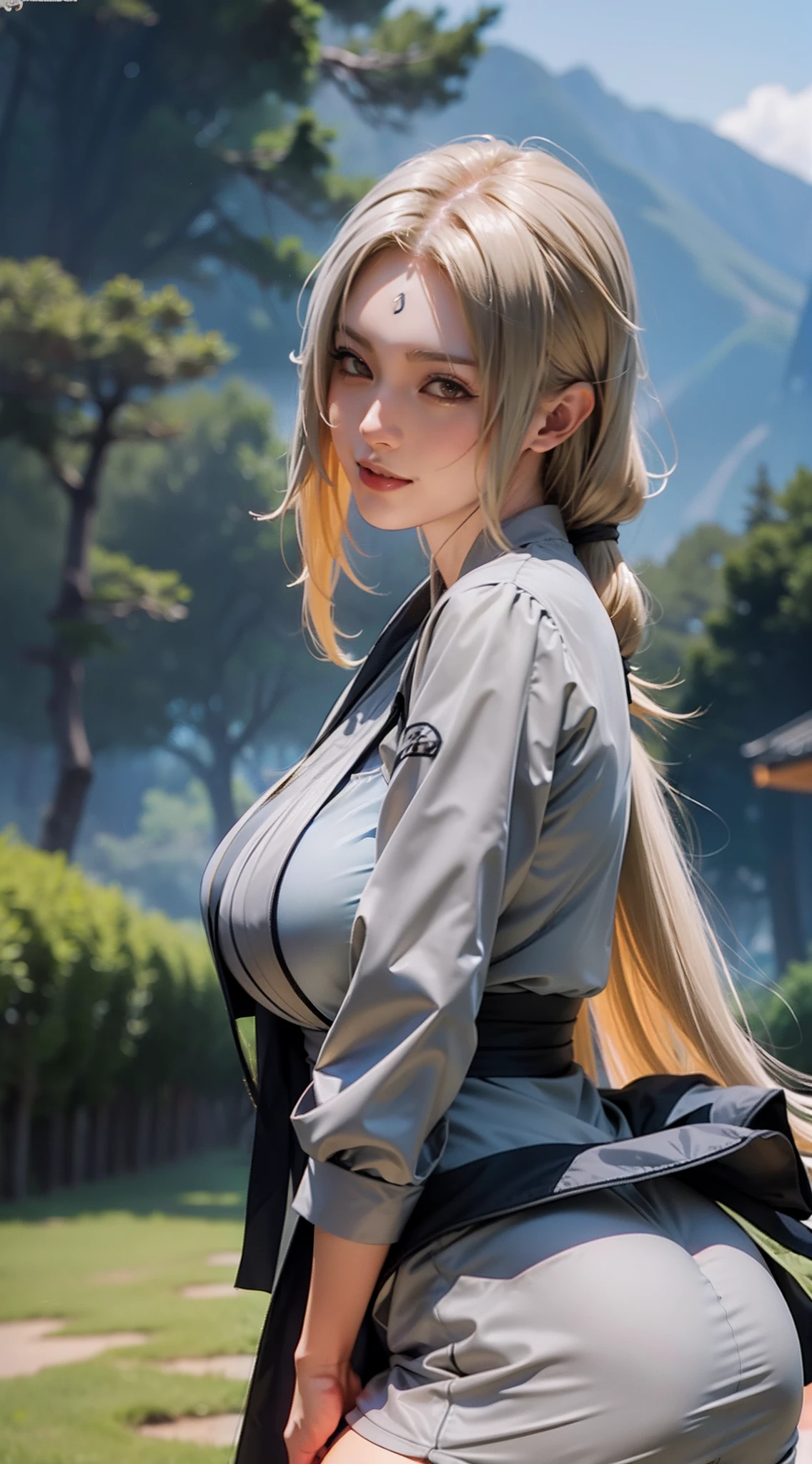 1girl, tsunade in anime naruto, long hair, yellow hair, yellow eyes, smile, beautiful, sexy dress, sexy clothes, grey clothes, very big breast, realistic clothes, detail clothes, outdoor background, ultra detail, realistic