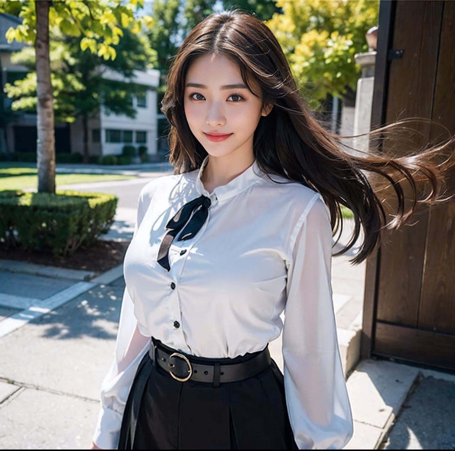 (top-quality、masterpiece)、(Realistic lighting with shadows)、huge filesize、hight resolution、elegent、realisitic、intricate detailes、(Perfect anatomical depiction of the human body)、1 girl with big、((Miraculous Super Size))、She is a teenage girl、((Beautiful light brown eyes with glowing highlights))、Her charming little thin lips are、No lipstick, however、It's shiny、Brunette hair fluttering in the wind、 Backlit braided half-up hair、hi-school girl、Black clothes、Wear chic clothes。Too tight for her huge blouse、Backed by all powerful buttons。Wearing tight pants、((The girl's breasts are not exposed at all))But、Very large breasts、Very beautifully、Looks like a school goddess。This picture is taken from the front.(It is a photo of a smile that looks like a wonderful flower blooming、I have a camera、See with your eyes.。