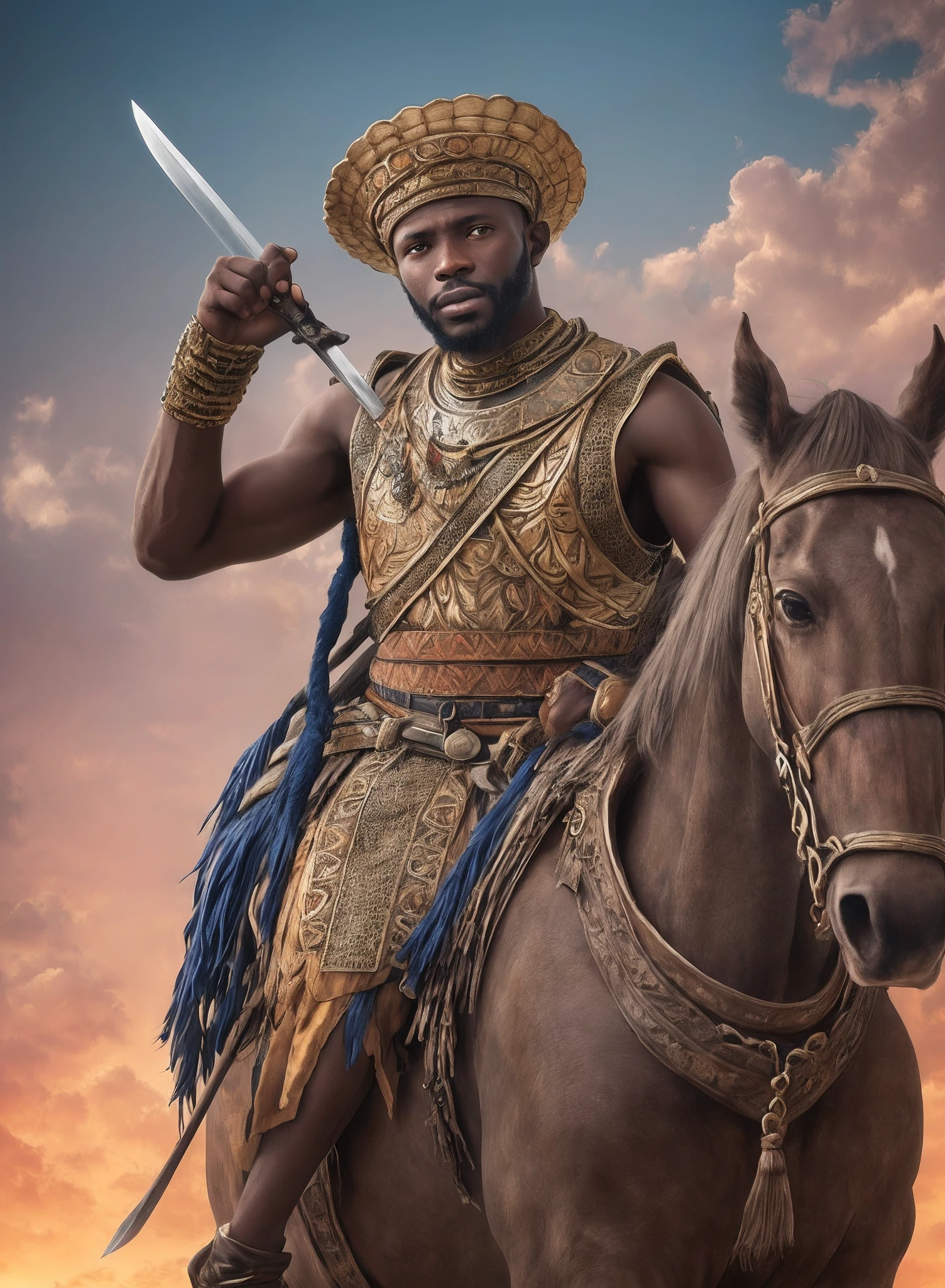 an African man in African designed warrior clothes with a sword and a hat sitting on a horse, with iridescent light, highly detailed images, vibrant beautiful colours, photorealistic image, 8k, ultra HD, unreal engine rendered, cinematic lighting, artgerm style, --auto --s2