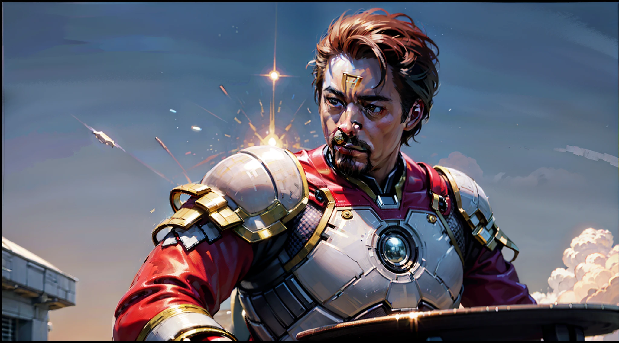Iron-man as Robert Downey Junior, Iron-man Celestial White and Gold Armor, Photorealistic, Ultra Detailed, Correct Anatomy
