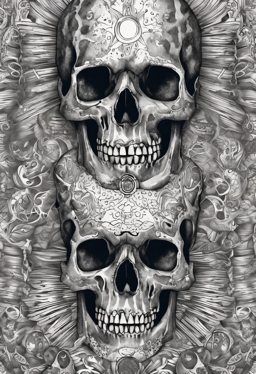 Three skulls in the foreground without jaws, Detailed design with pointillism, puntillismo, same proportion, gothic art, Tattoo design