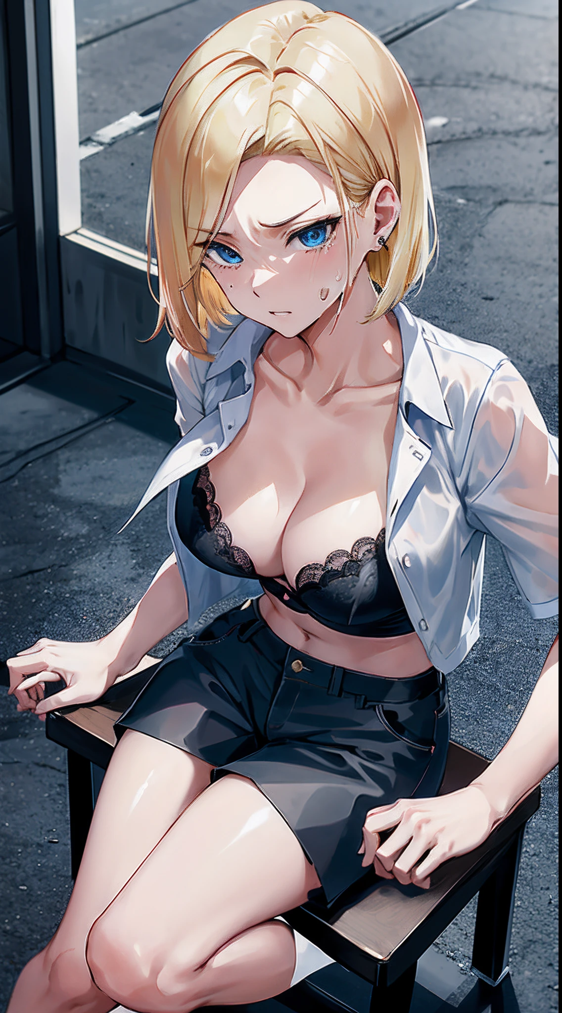 top-quality, hight resolution, 18 with, 1girl in, Android 18, 独奏, blonde  hair, blue eyess, shorth hair, 耳Nipple Ring, jewely, Medium chest, cowboy  shot, Street, uniformss,Buttoned shirt、open-shirt、cleavage of the breast、Impatient expression、Chagrined mouth、face that seems to cry、full body Esbian、opened legs、bend knee、（Spread your legs on a chair、Sitting on a chair:1.5）、Open your knees from side to side、Black High Heels、Seen from the front、Looking down from above:1.3、Put your hands behind your body、Full view of pants、Black Lace Bra