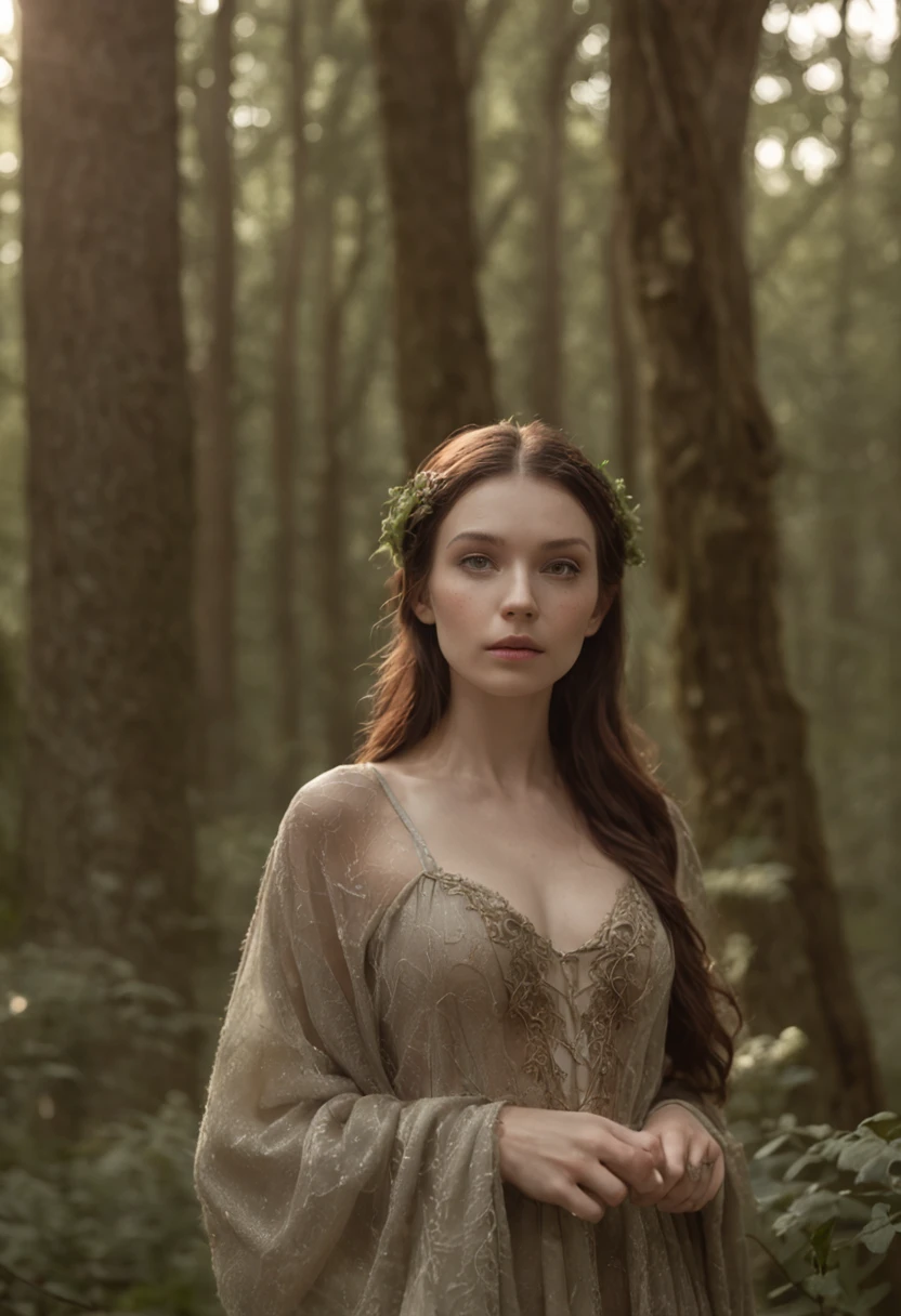 (nsfw:1.5), soft-lighting, (fantasy rendering in a forest), matte painting portrait photo, Realistic fantasy photography,of a girl from another world, skin of bark, barely visible from the woods in the background, almost invisible, staring intently, as if not to be seen, a forest fairy, in the near future when the world is at its end. Hiding in plain site.