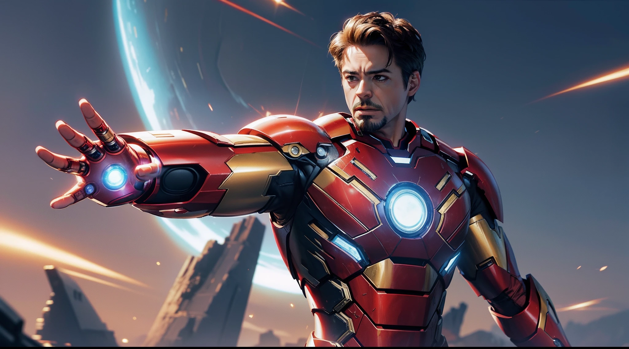 Iron-man as Robert Downey Junior, Iron-man Celestial White and Gold Armor, Photorealistic, Ultra Detailed, Correct Anatomy