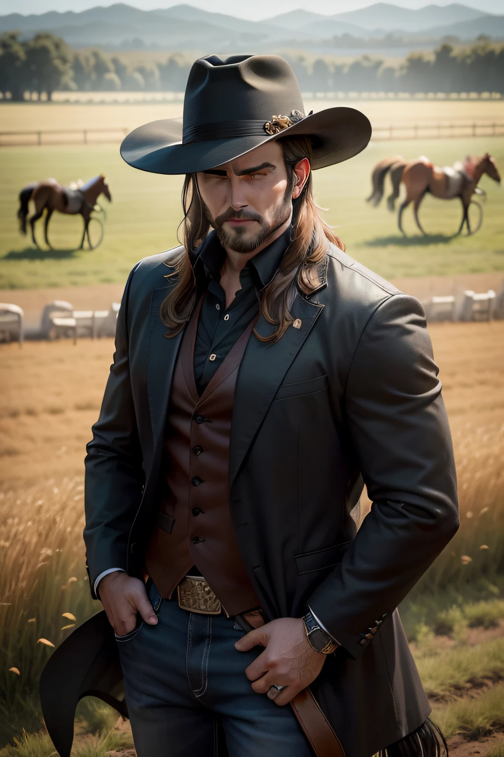 a bombed-up country singer wearing a black hat in a field with horses behind him