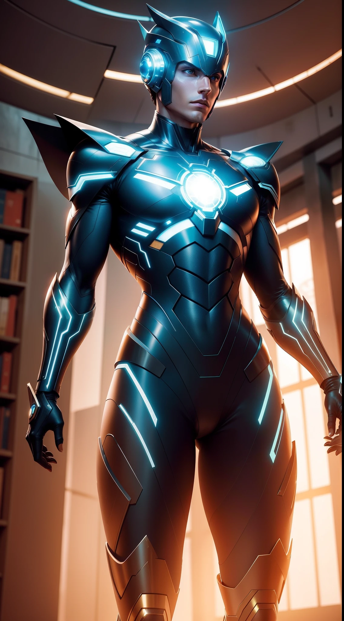 Portray a superhero amidst a vast futuristic library at dawn. Ele deve estar imerso em uma pilha de livros digitais, absorbing information intensely. The metallic details of its path and the holographic glows that surround its head should emphasize the fusion between human knowledge and technological innovation.