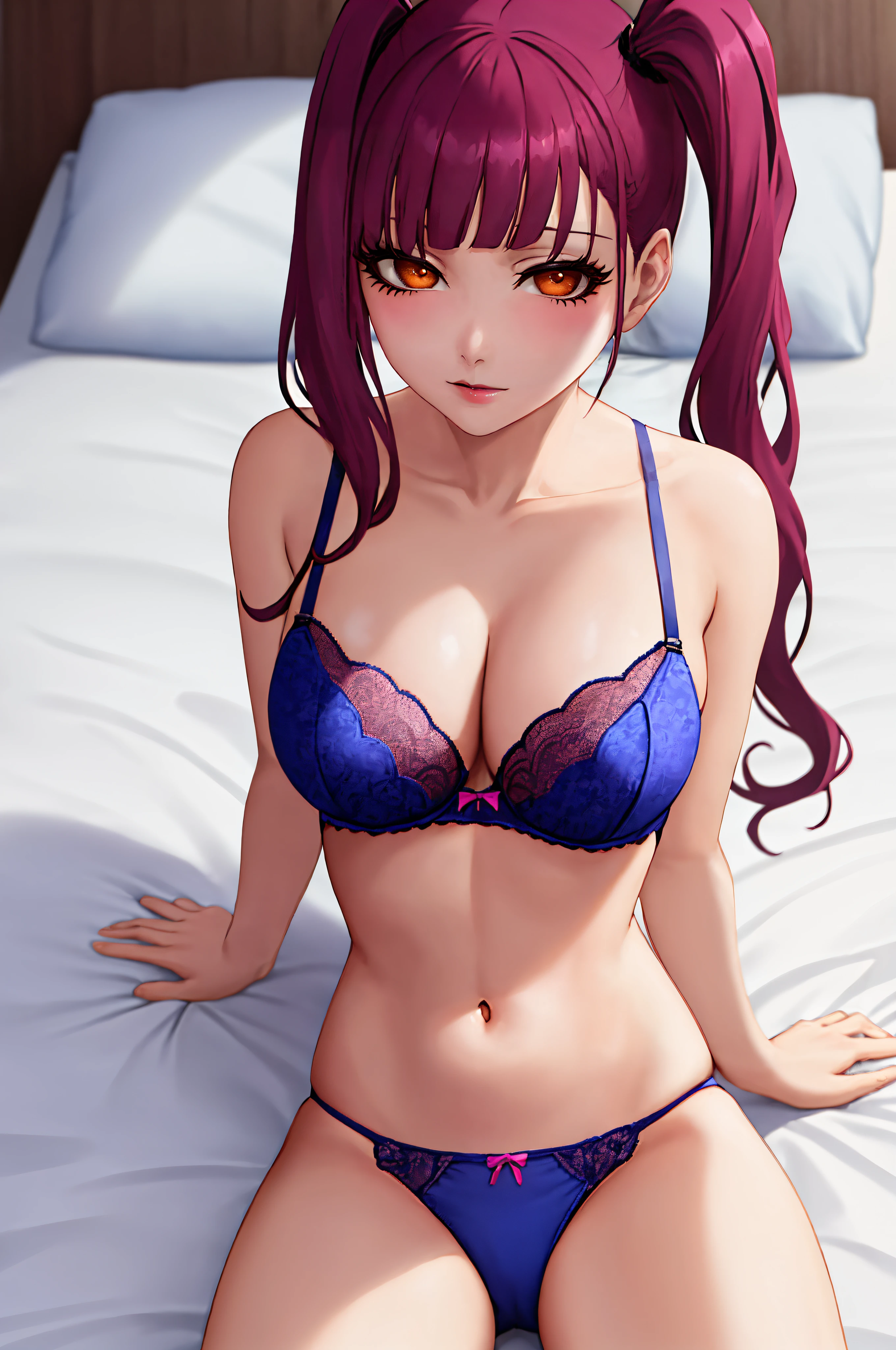 "An exquisite portrait of Riruka in her 20s, showcasing her stunning beauty and confidence. She is depicted in a solo composition, with captivating orange eyes her hair in a side ponytail being held by a blue ribbon that looks like two bunny ears and a striking pink bra and pantie's. She lays on top of a bed, viewed from above."