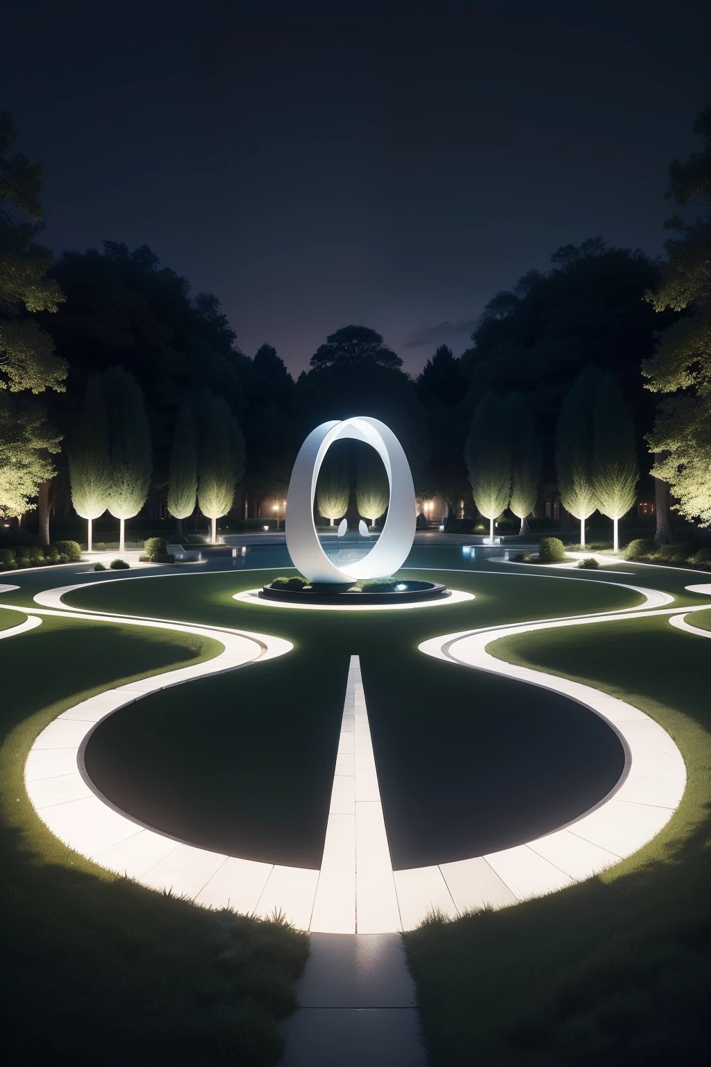 The magic white-cut black lights and teardrop-shaped curved chairs in the landscape garden are located under the promenade