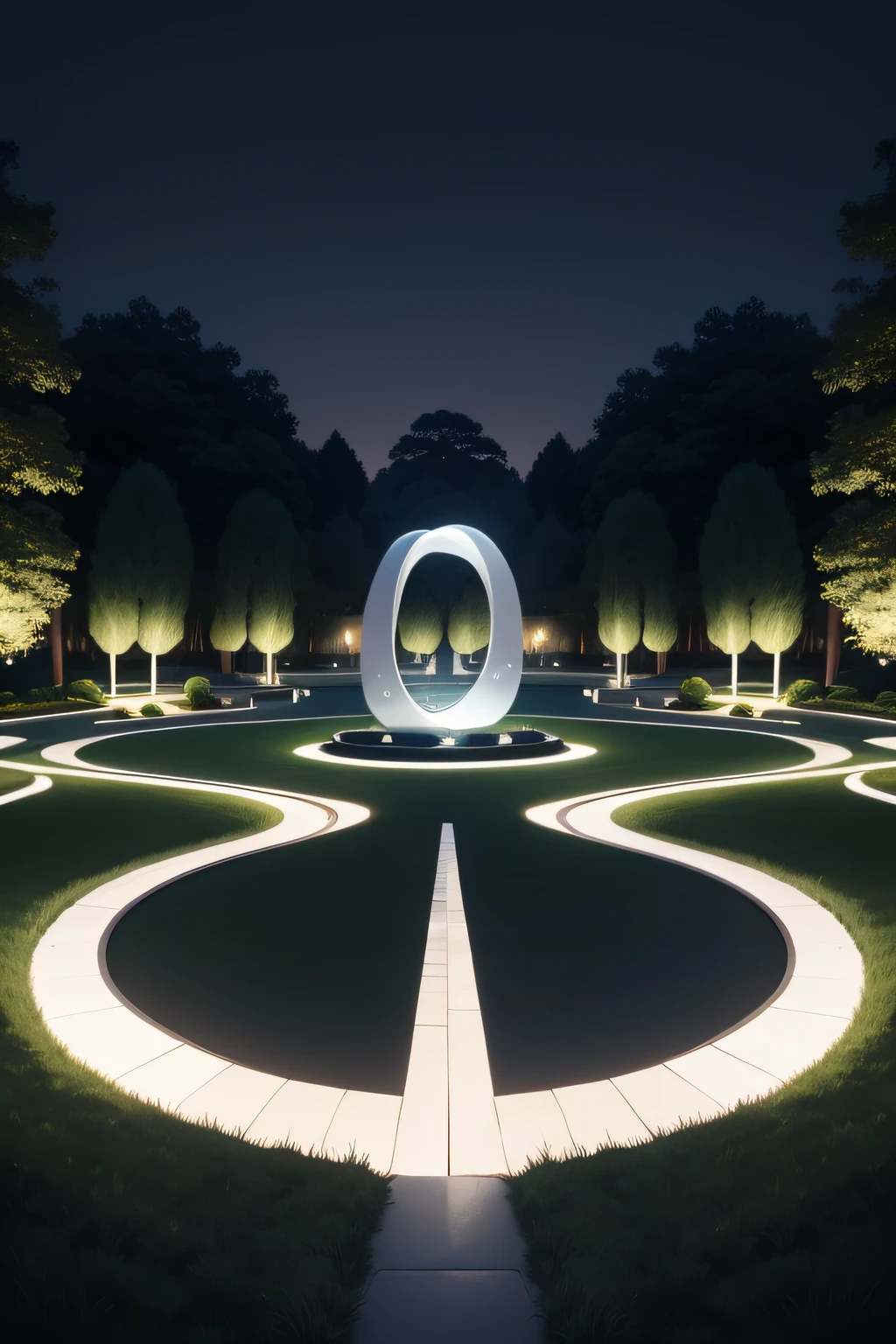 The magic white-cut black lights and teardrop-shaped curved chairs in the landscape garden are located under the promenade
