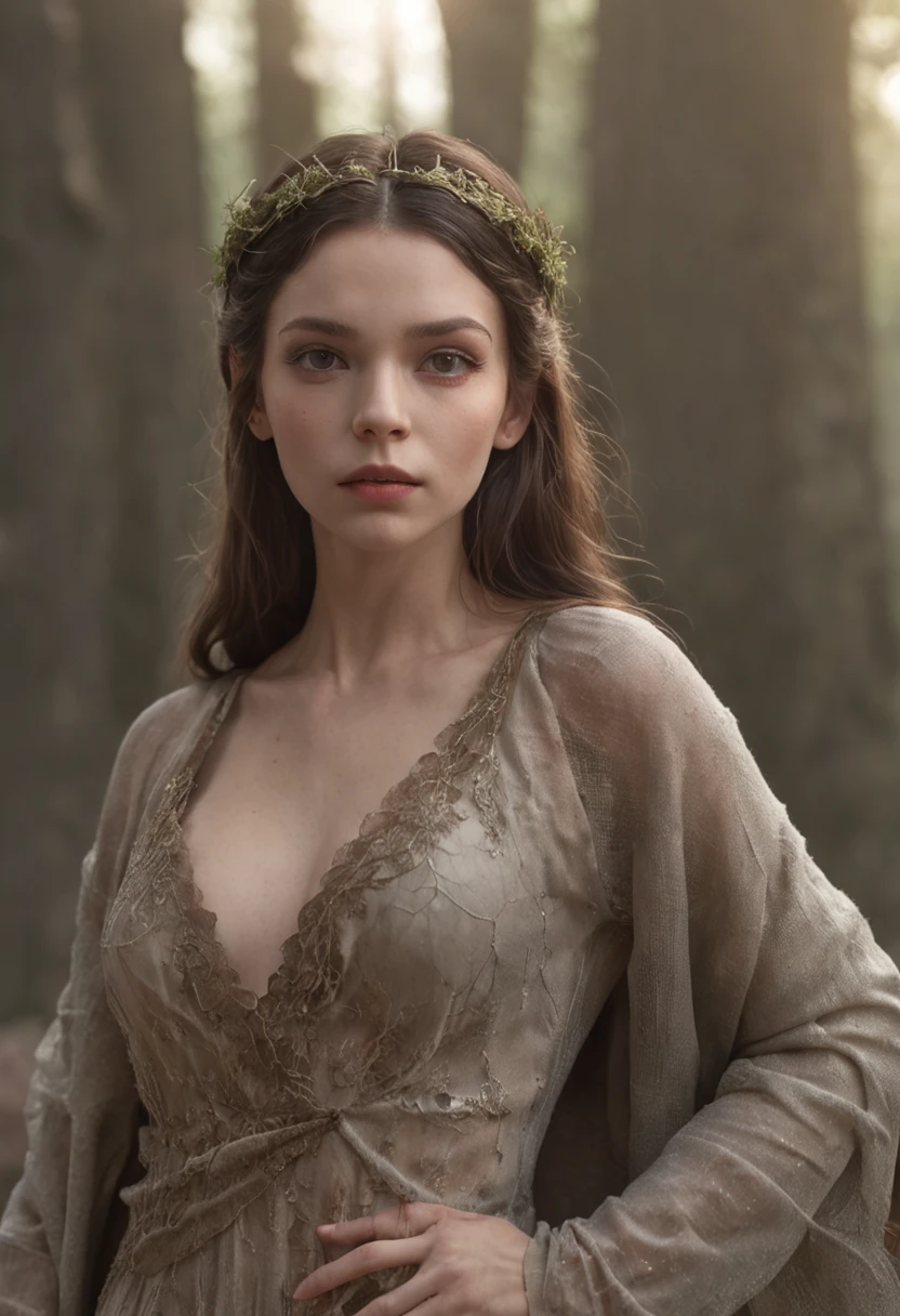 (nsfw:1.5), soft-lighting, (fantasy rendering in a city), matte painting portrait photo, Realistic fantasy photography,of a girl from another world, skin of bark, barely visible from the walls in the background, almost invisible, staring intently, as if not to be seen, a forest fairy, in the near future when the world is at its end. Hiding in plain site.