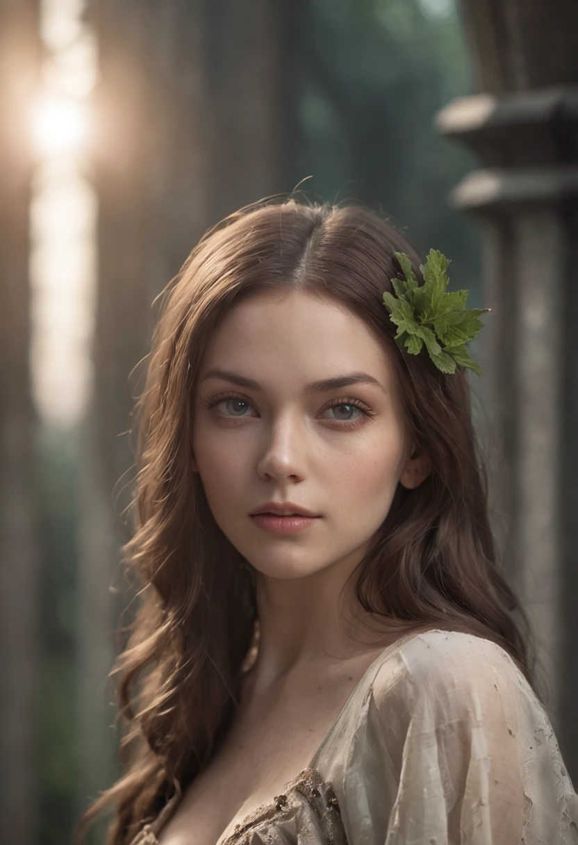 (nsfw:1.5), soft-lighting, (fantasy rendering in a city), matte painting portrait photo, Realistic fantasy photography,of a girl from another world, skin of bark, barely visible from the walls in the background, almost invisible, staring intently, as if not to be seen, a forest fairy, in the near future when the world is at its end. Hiding in plain site.