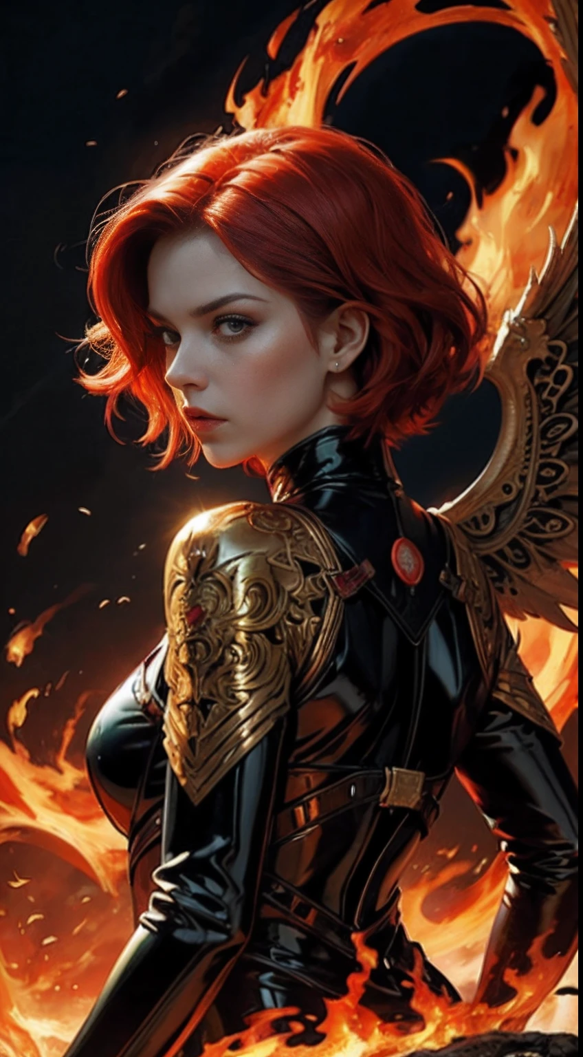 Queen of Fire,Short red hair,large body,Black latex clothing,back,metal crown,An angry look on his face,Flapped wings of fire,Fire scenery,handpainted,illustration,Art Nouveau,tarot cards