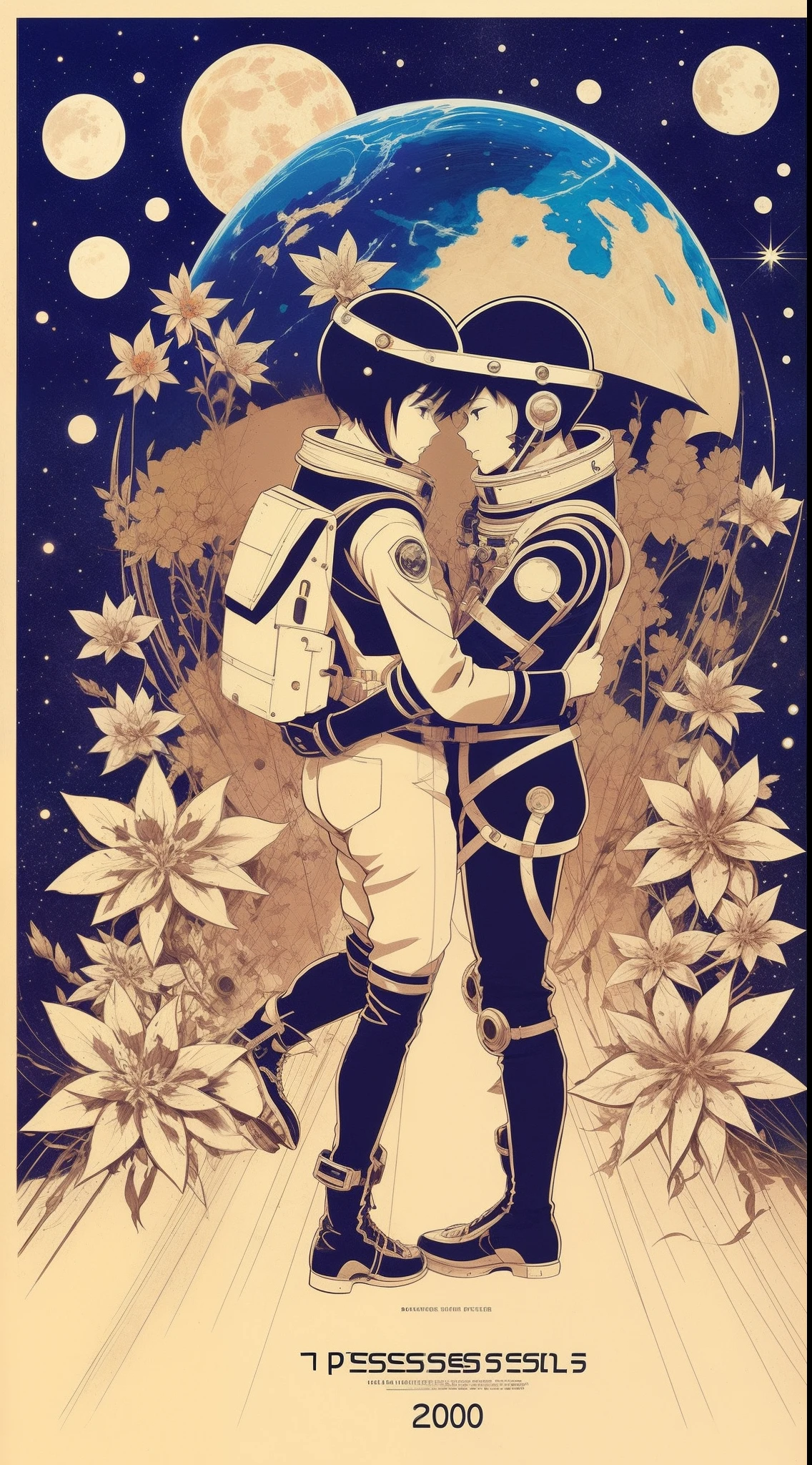 (Vintage 2000 estilo anime). Retrato bonito da astronauta feminina na roupa em Marte deitado entre flores, Diadema Flor, hugging friends,terno danificado, Dameged Mask, vidro rachado, tela de rascunho,Terras malditas,Yule Sky, pessoa esquecida,Resoultion 8K, Cinematic-style digital art rendering with mechanical and futuristic details, scientific fiction,; por kaethe butcher, Hajime Sorayama, Greg Tocchini, virgil finlay, scientific fiction, Post apocalyptic, peitos pequenos